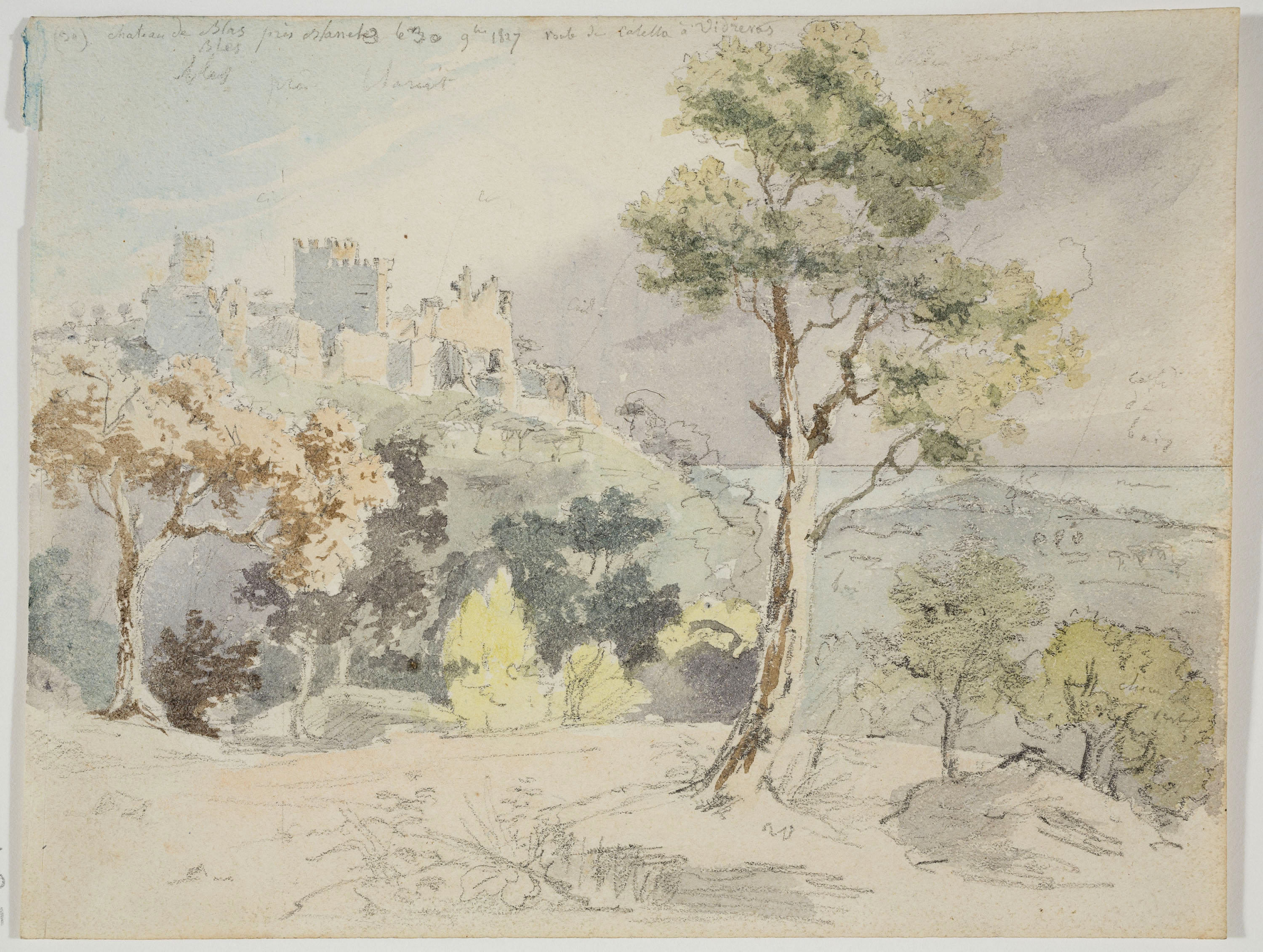 image for: Adolphe Hedwige Alphonse Delamare - Castell entre Calella i Vidreres (Lloret de Mar) (anvers) / Croquis (revers) - 30 de novembre de 1827