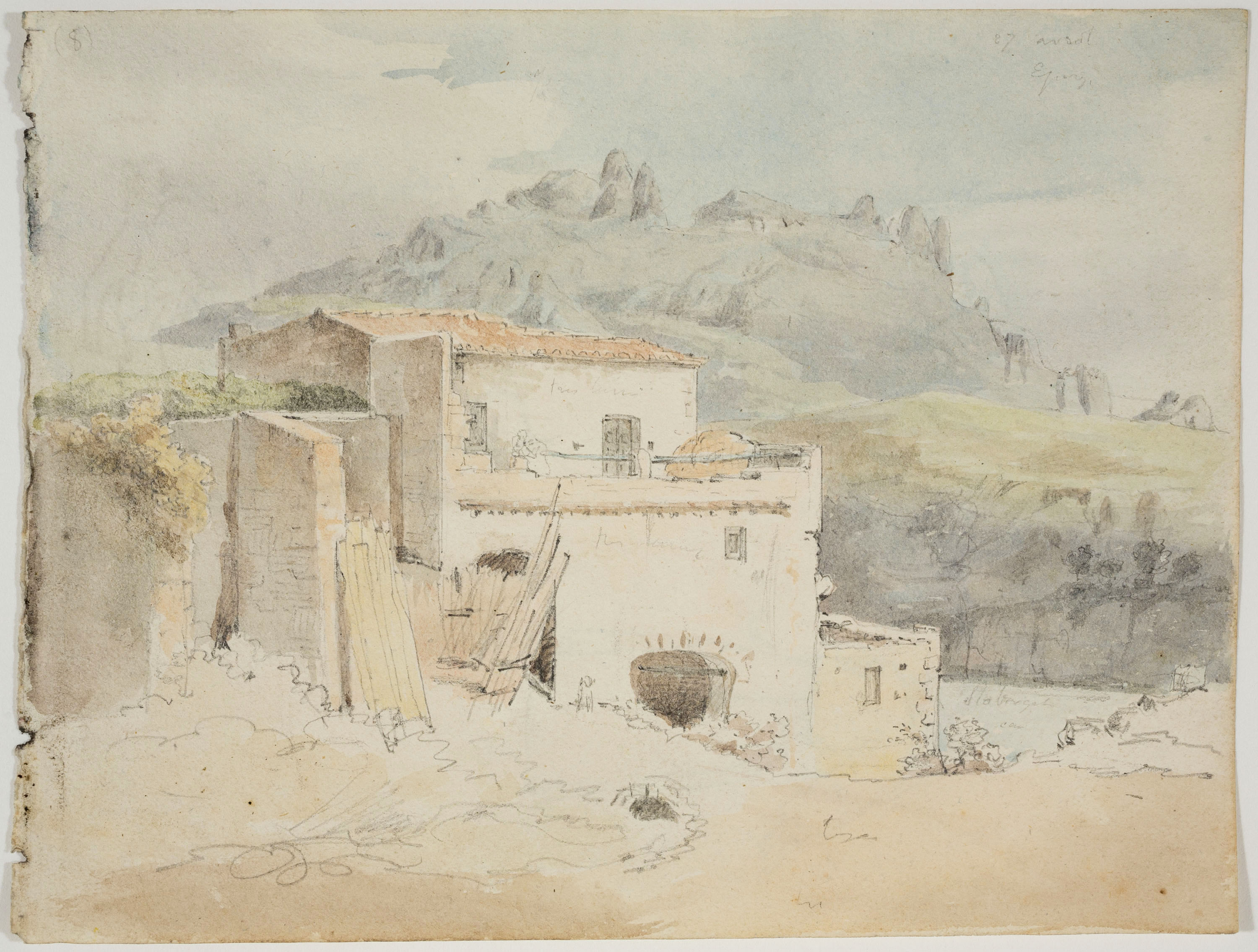 image for: Adolphe Hedwige Alphonse Delamare - Vista de Montserrat des d’Esparreguera (anvers) / Monjos i apunts de cames (revers) - 27 d’abril de 1827
