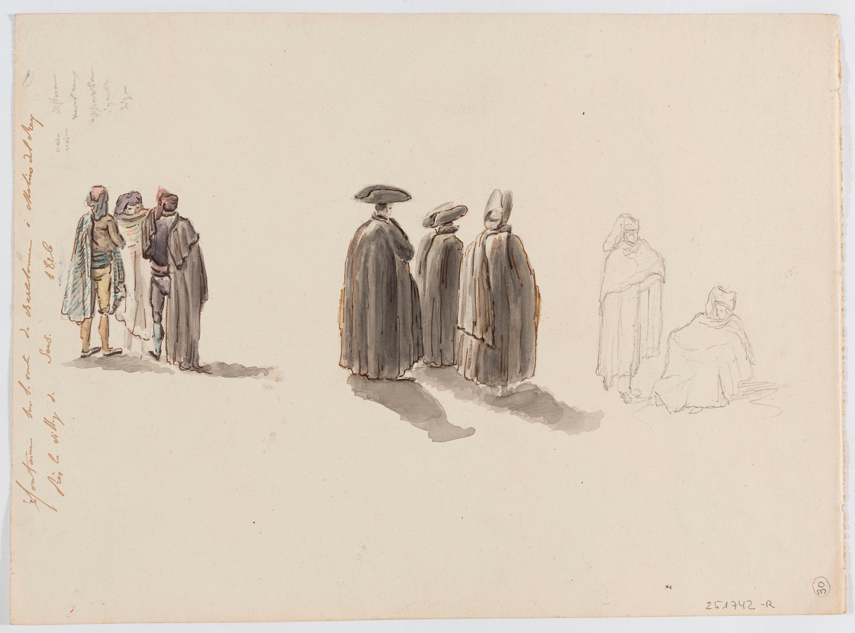 image for: Adolphe Hedwige Alphonse Delamare - Font al camí de Sants a Molins de Rei (anvers) / Diversos apunts de personatges, tipus populars i religiosos (revers) - 1826 [1]