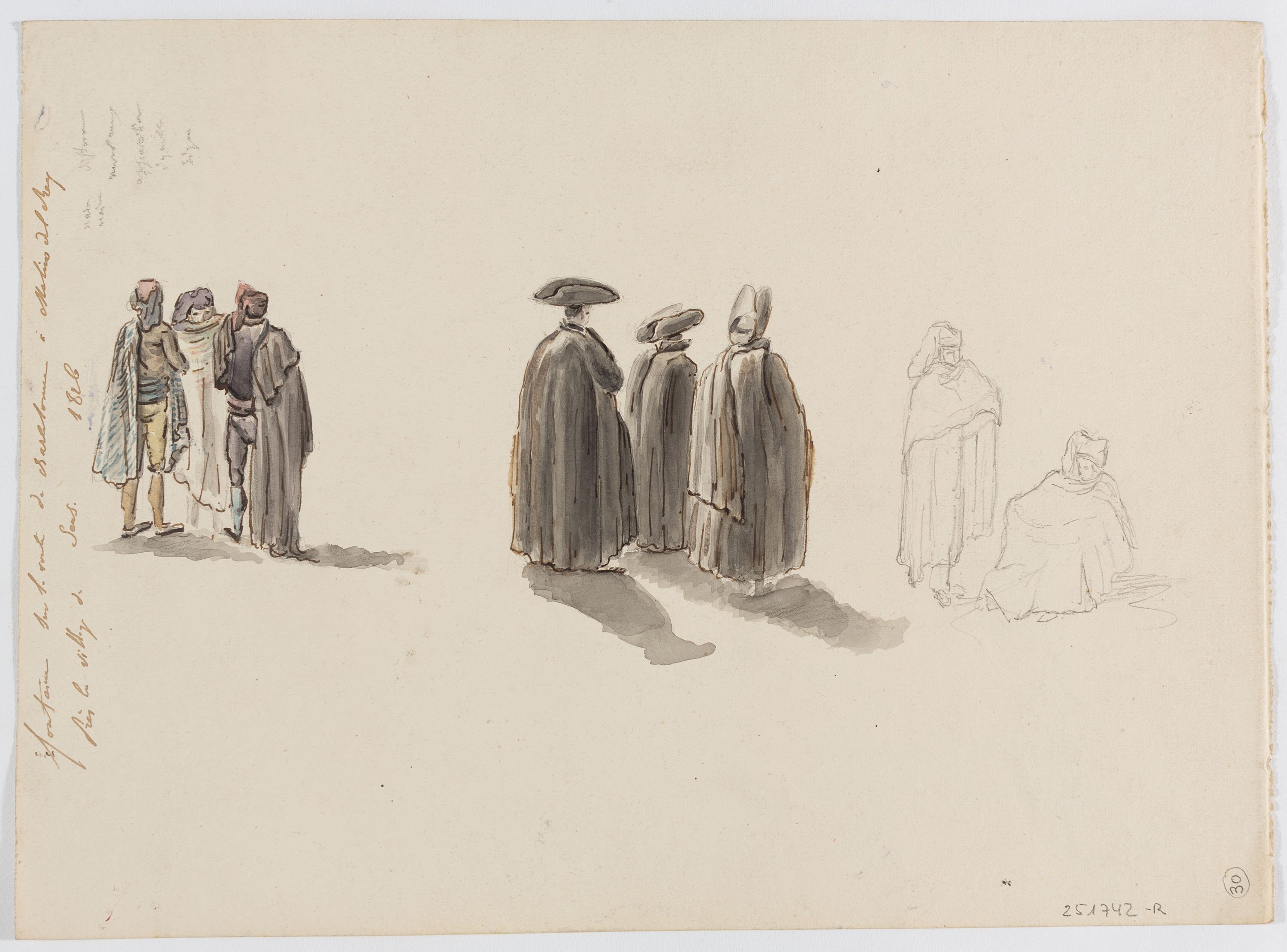 image for: Adolphe Hedwige Alphonse Delamare - Font al camí de Sants a Molins de Rei (anvers) / Diversos apunts de personatges, tipus populars i religiosos (revers) - 1826 [1]