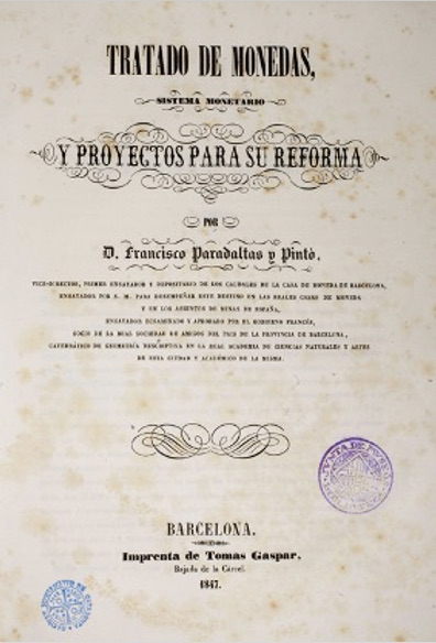 Portada del Tratado de monedas, Barcelona, 1847