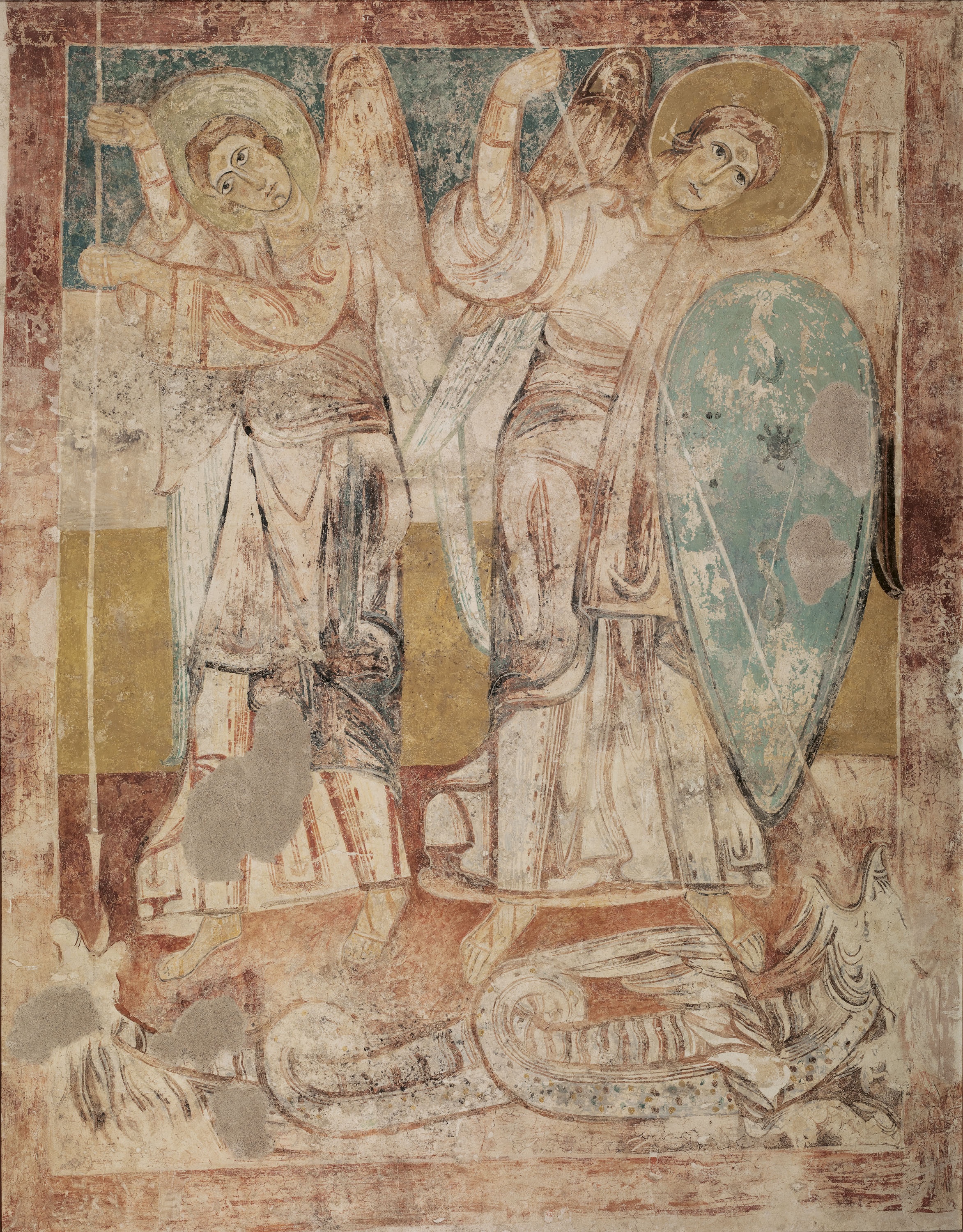Anónimo. Castilla. Pinturas de Tubilla del Agua. Ángeles en lucha contra el dragón, s. XII. Depósito de la Generalitat de Catalunya, dación Gallardo, 2015