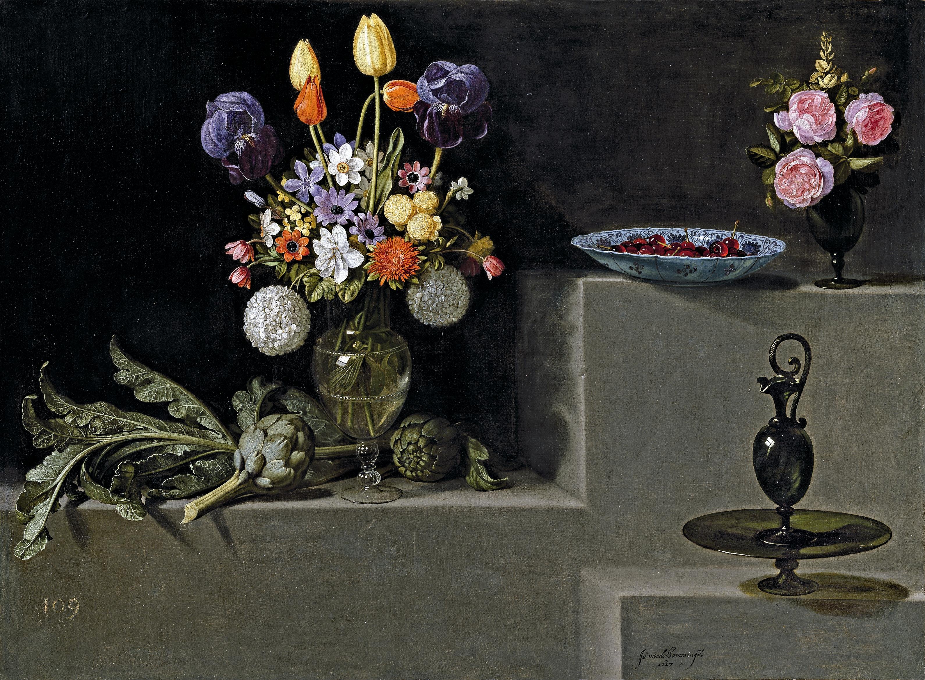 Juan van der Hamen. Bodegón con alcachofas, flores y recipientes de vidrio, 1627. Museo Nacional del Prado, Madrid. Col·lecció Naseiro.