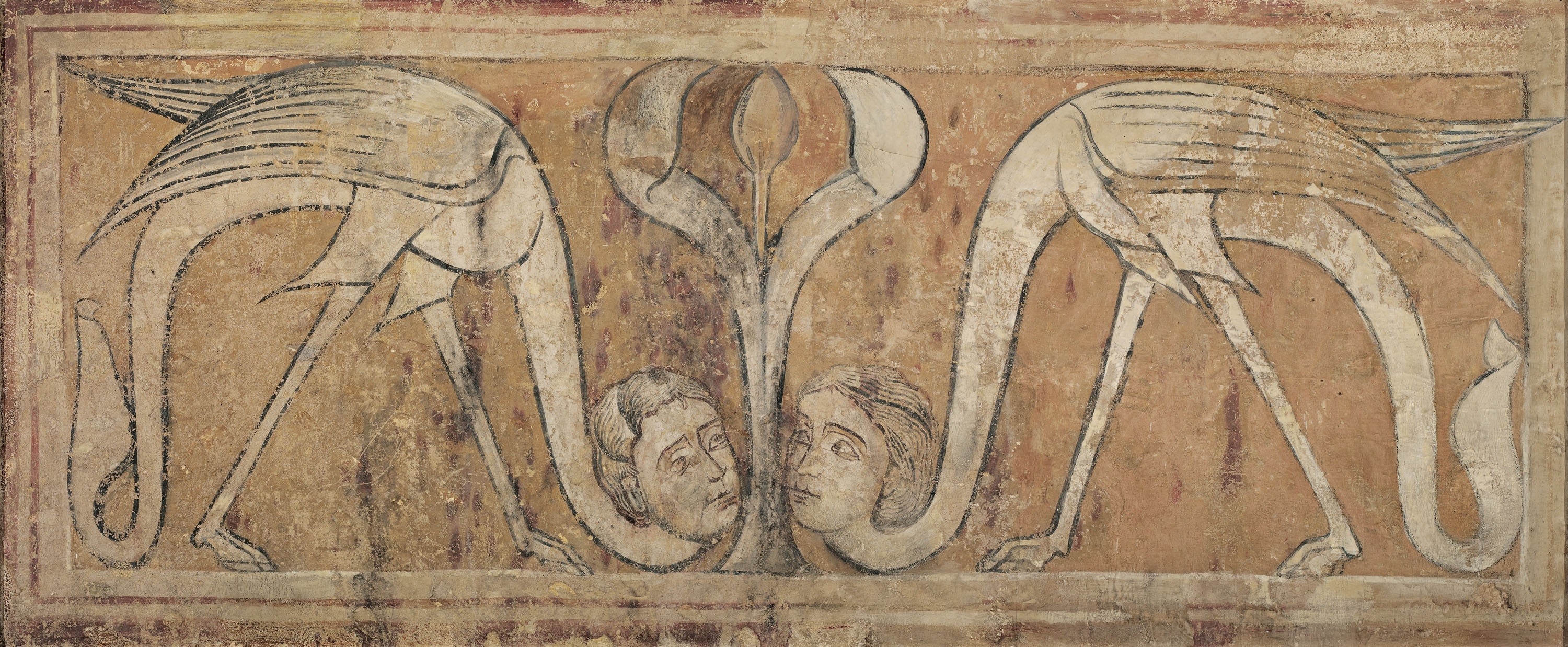 Anònim, Castella. Parella de sirenes ocell. Pintures d&#039;Arlanza, c. 1210. Dipòsit de la Generalitat de Catalunya, donació Gallardo, 2015