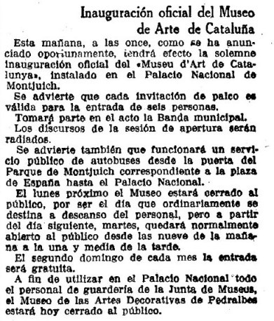 Inauguración oficial del Museo de Arte de Cataluña. La Vanguardia. 11/11/1934: 10.