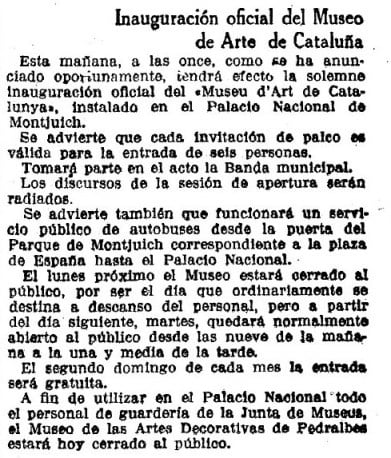 Inauguración oficial del Museo de Arte de Cataluña. La Vanguardia. 11/11/1934: 10.