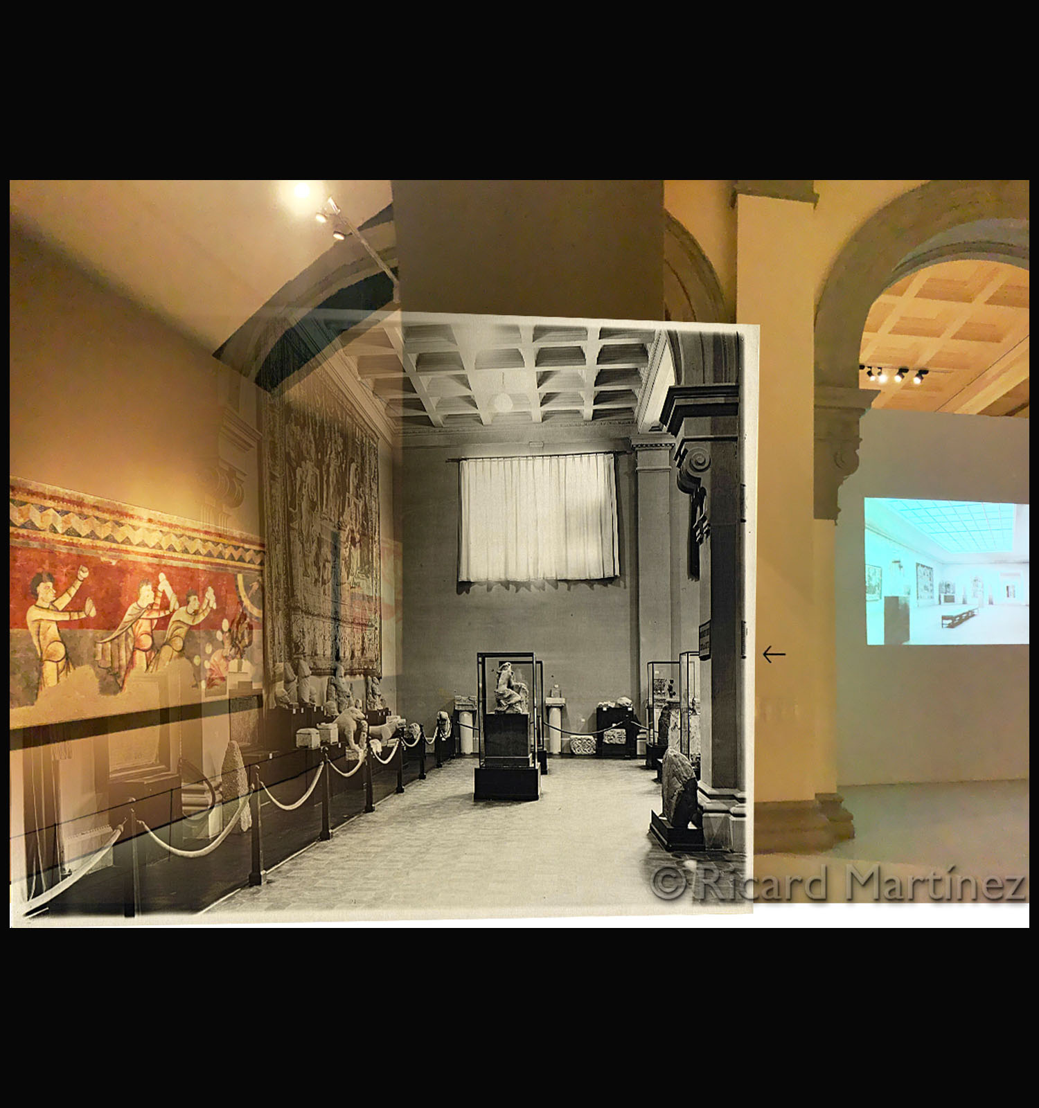 Sala 2 de l&#039;exposició Arte en España, sobre una fotografia del mateix lloc a l&#039;actualitat, al Museu Nacional. Autor desconegut, 1929/MNAC, Repertori Iconogràfic d&#039;Art Espanyol. 0889_013 (c) Ricard Martínez, 2022
