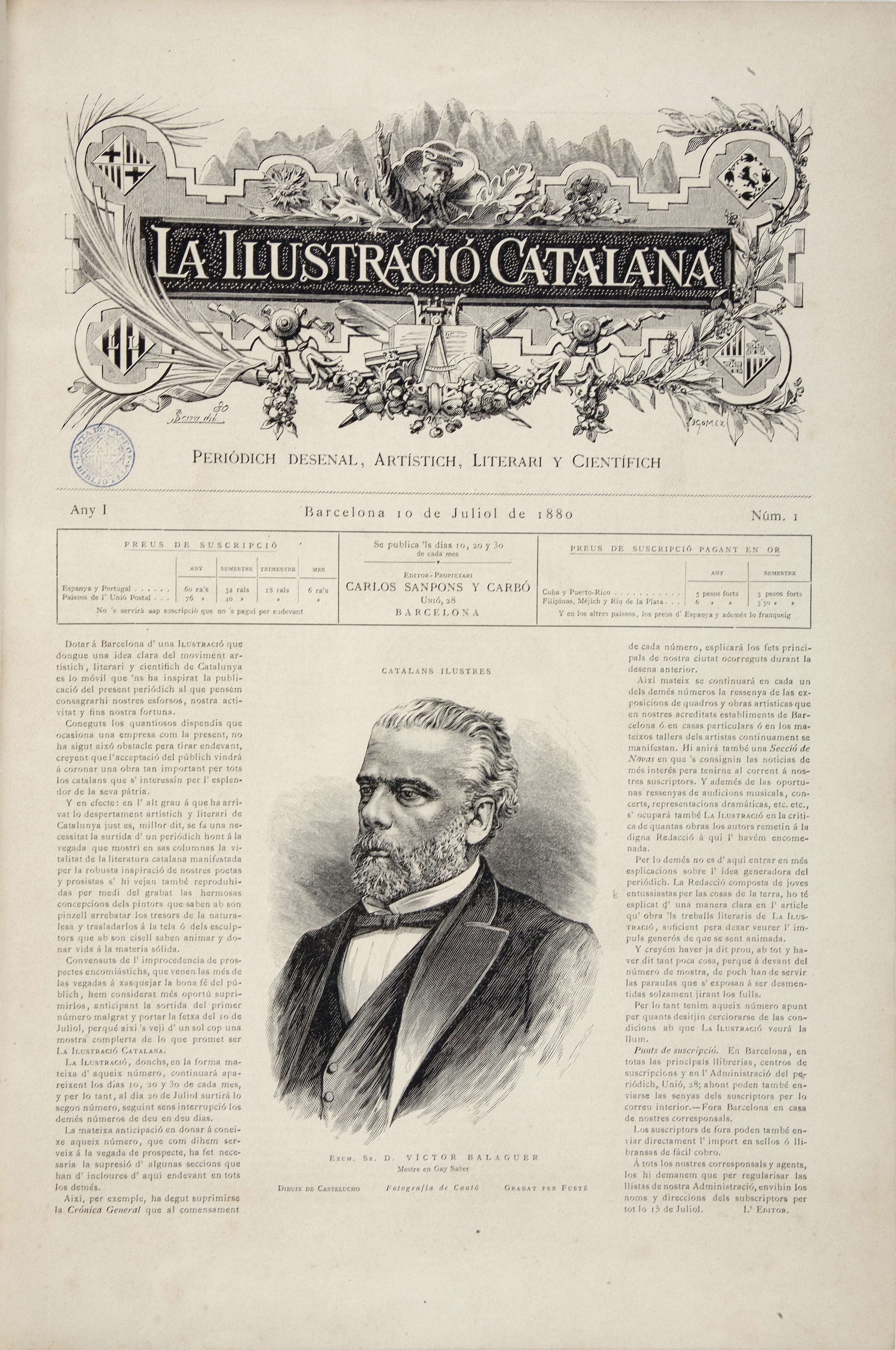 La Ilustració catalana. 10 jul. 1880, any 1, núm. 1. Barcelona, 1880-1917