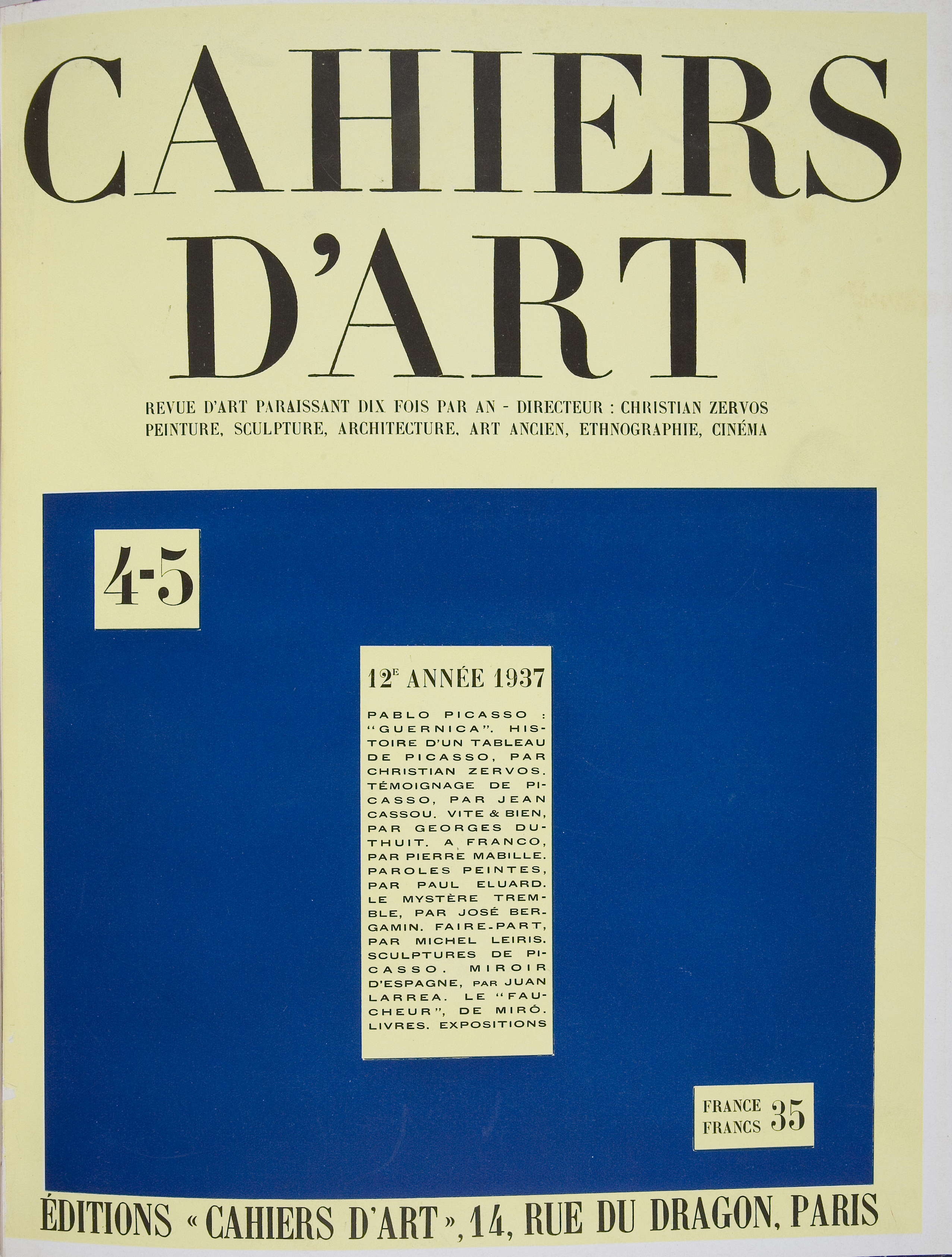 Cahiers d&#039;art. 1937, any 12, núm. 4/5. Paris, 1926-1960