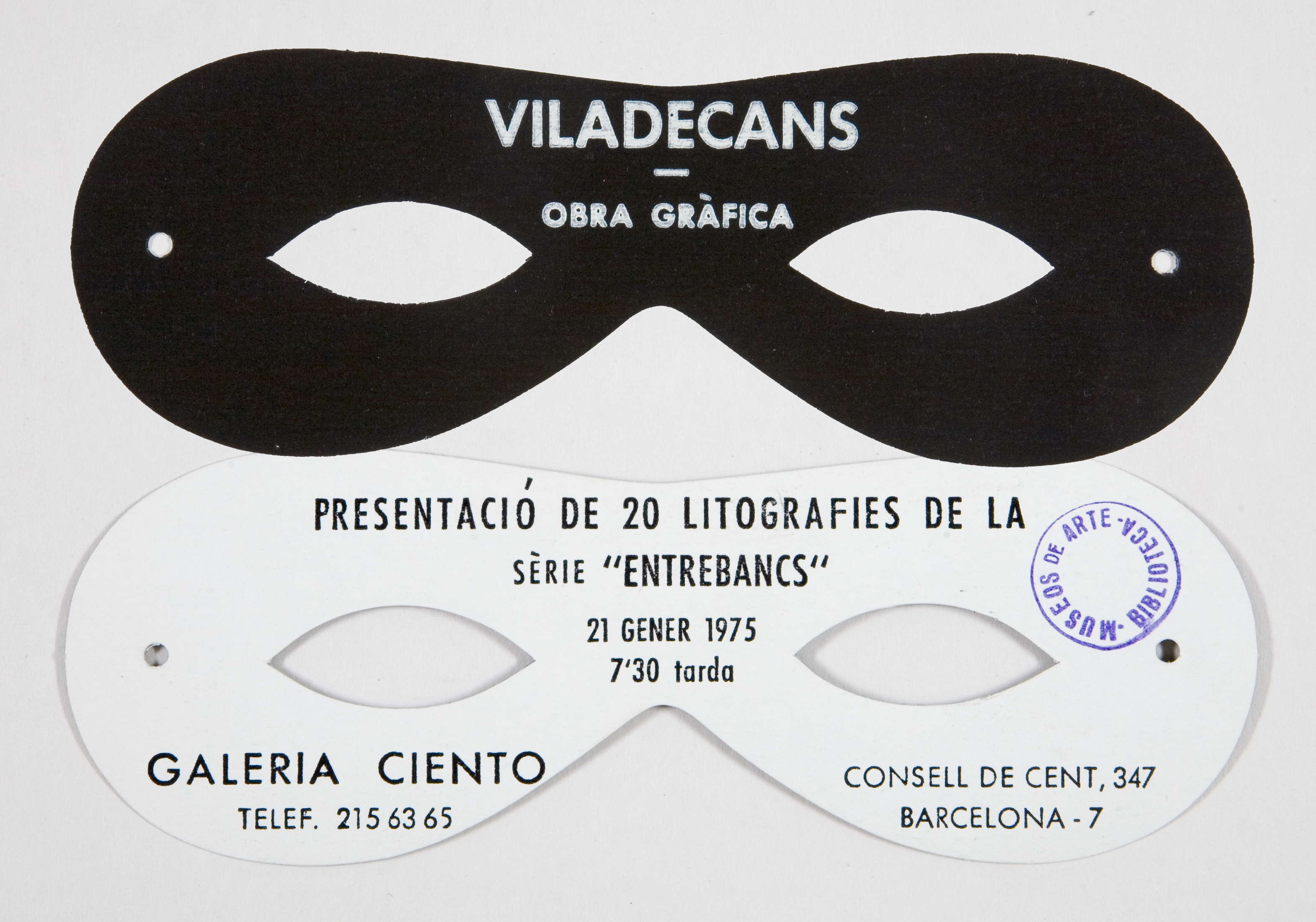 Viladecans: obra gràfica: Galeria Ciento...: presentació de 20 litografies de la sèrie “entrebancs”: 21 gener 1975, 7,30 tarda... [Barcelona]. [s.l.: s.n., 1975]