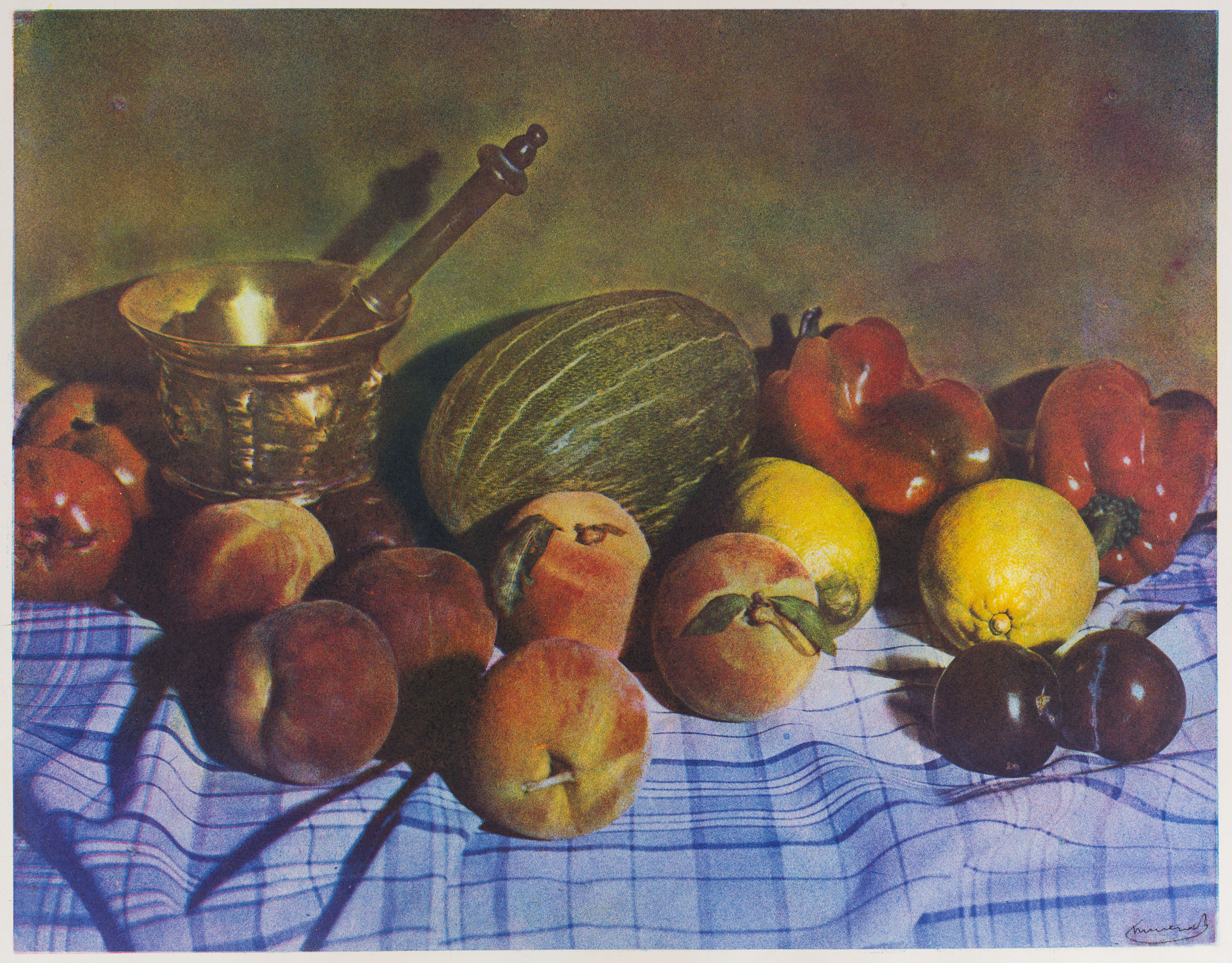 image for: Josep Maria Casals i Ariet - Natura morta amb morter, meló, pomes i préssecs - Cap a 1960 (?)