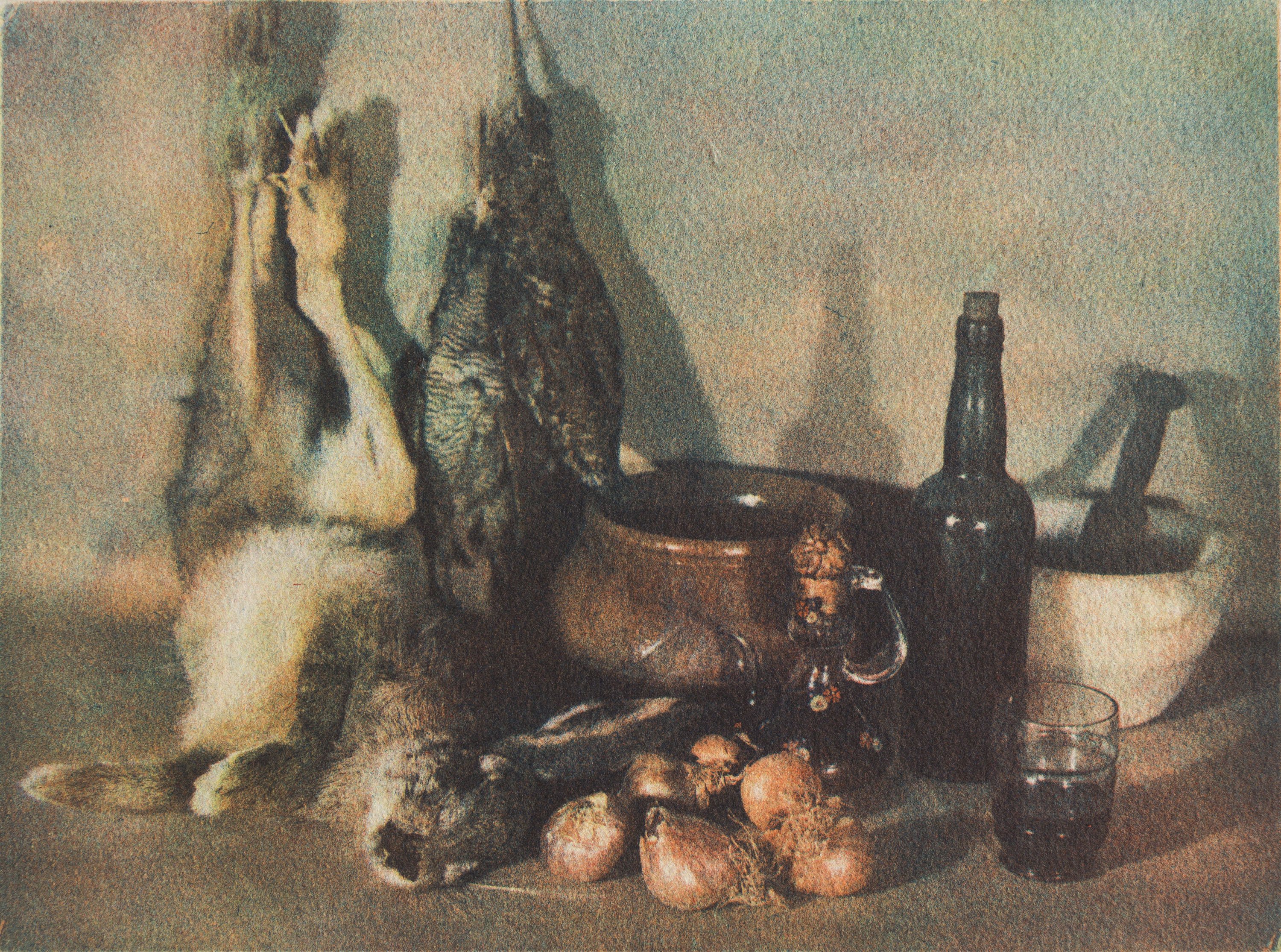 image for: Josep Maria Casals i Ariet - Natura morta amb conill, au, alls i ampolla de vi - Cap a 1930-1950