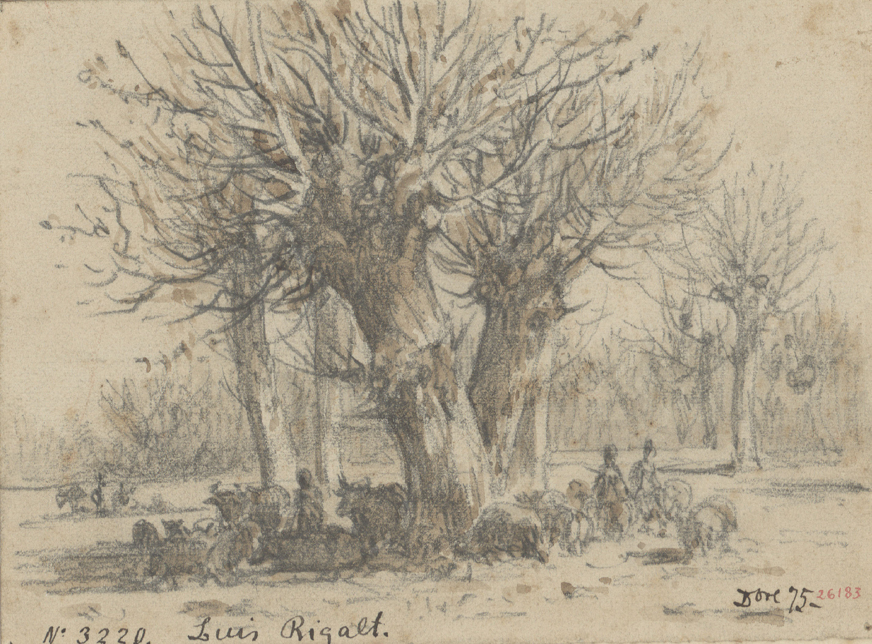 image for: Lluís Rigalt - Paisatge amb gent i bestiar sota uns arbres - Desembre de 1875