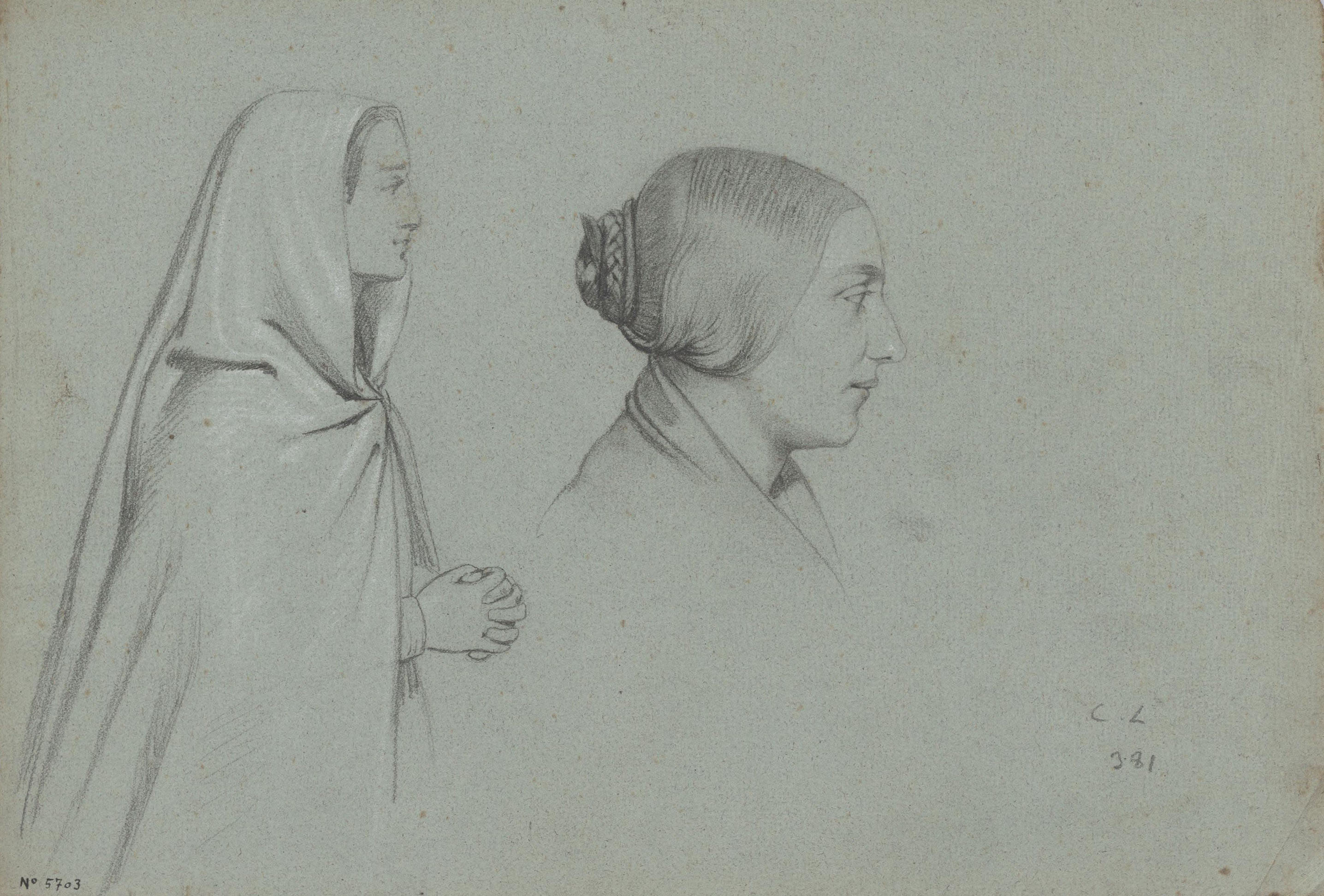 image for: Claudi Lorenzale - Dos retrats de dona de perfil - Cap a 1860-1880