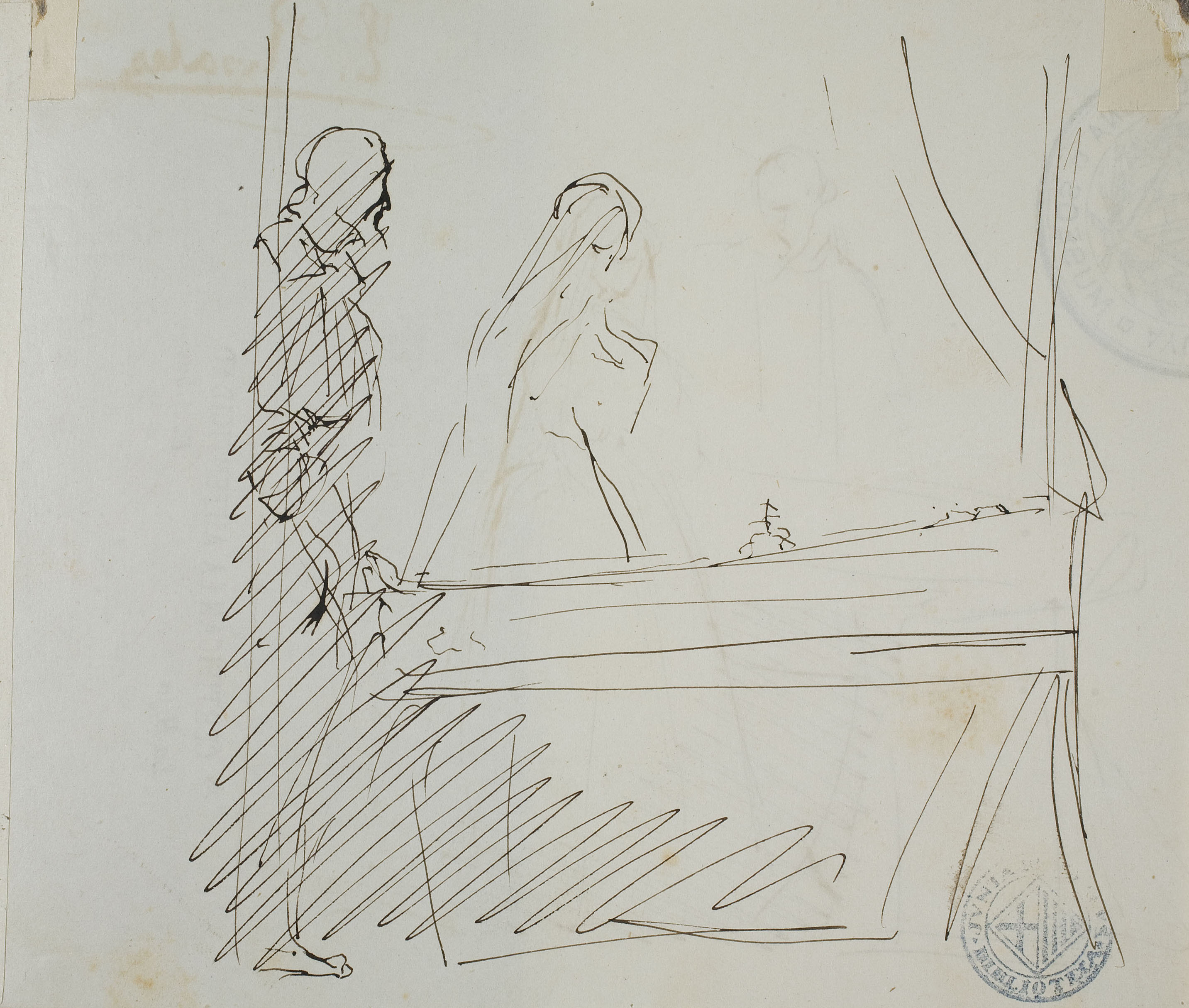 image for: Eduardo Rosales - Apunt de Joana I de Castella davant del taüt de Felip el Bell (anvers) / Apunt de Joana I de Castella davant del taüt de Felip el Bell (revers) - Cap a 1860 [1]