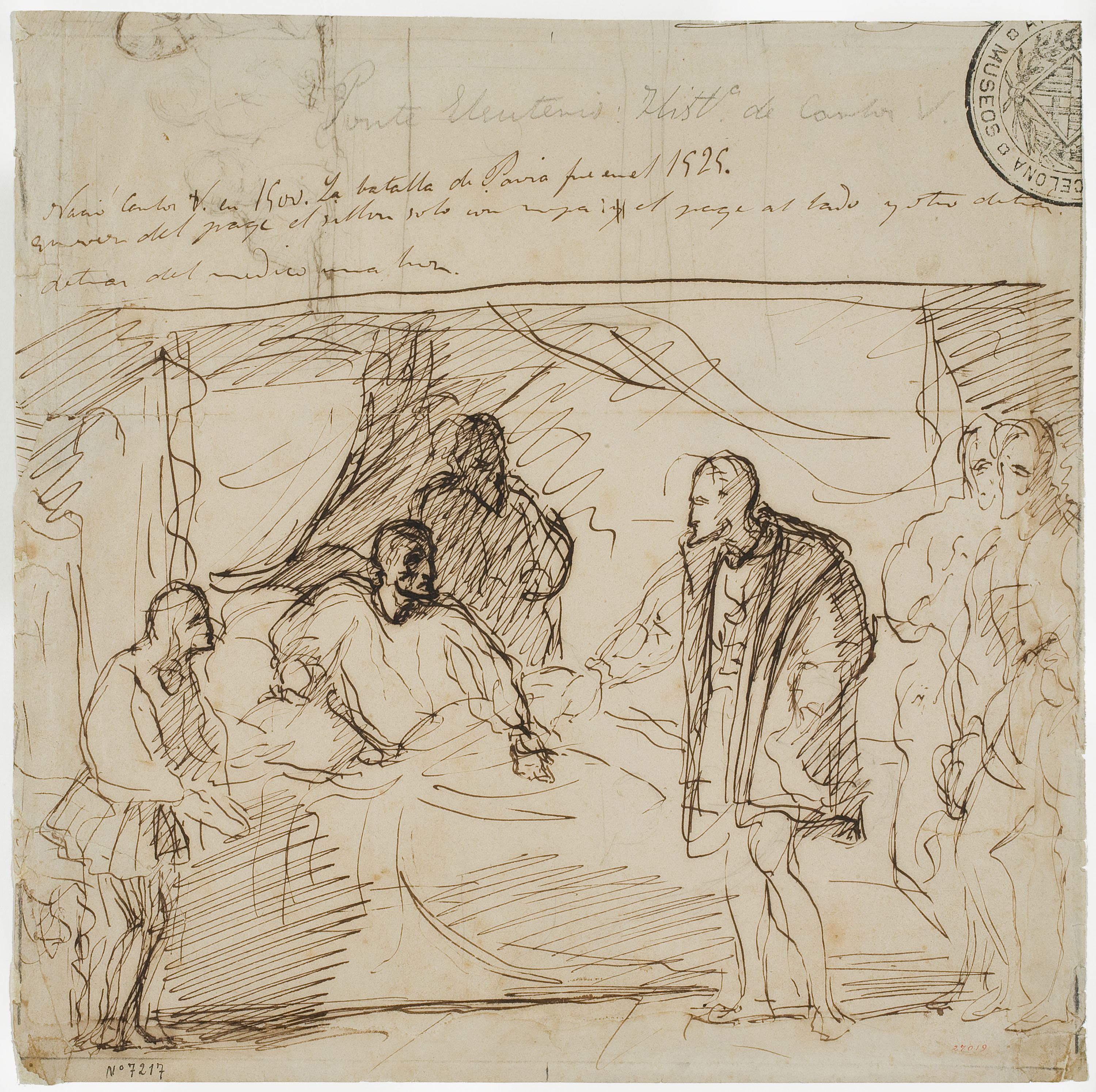 image for: Eduardo Rosales - Estudi per al quadre «Visita de Carles V a Francesc I a la Torre de los Lujanes» (anvers) / Croquis de figures (revers) - Cap a 1860