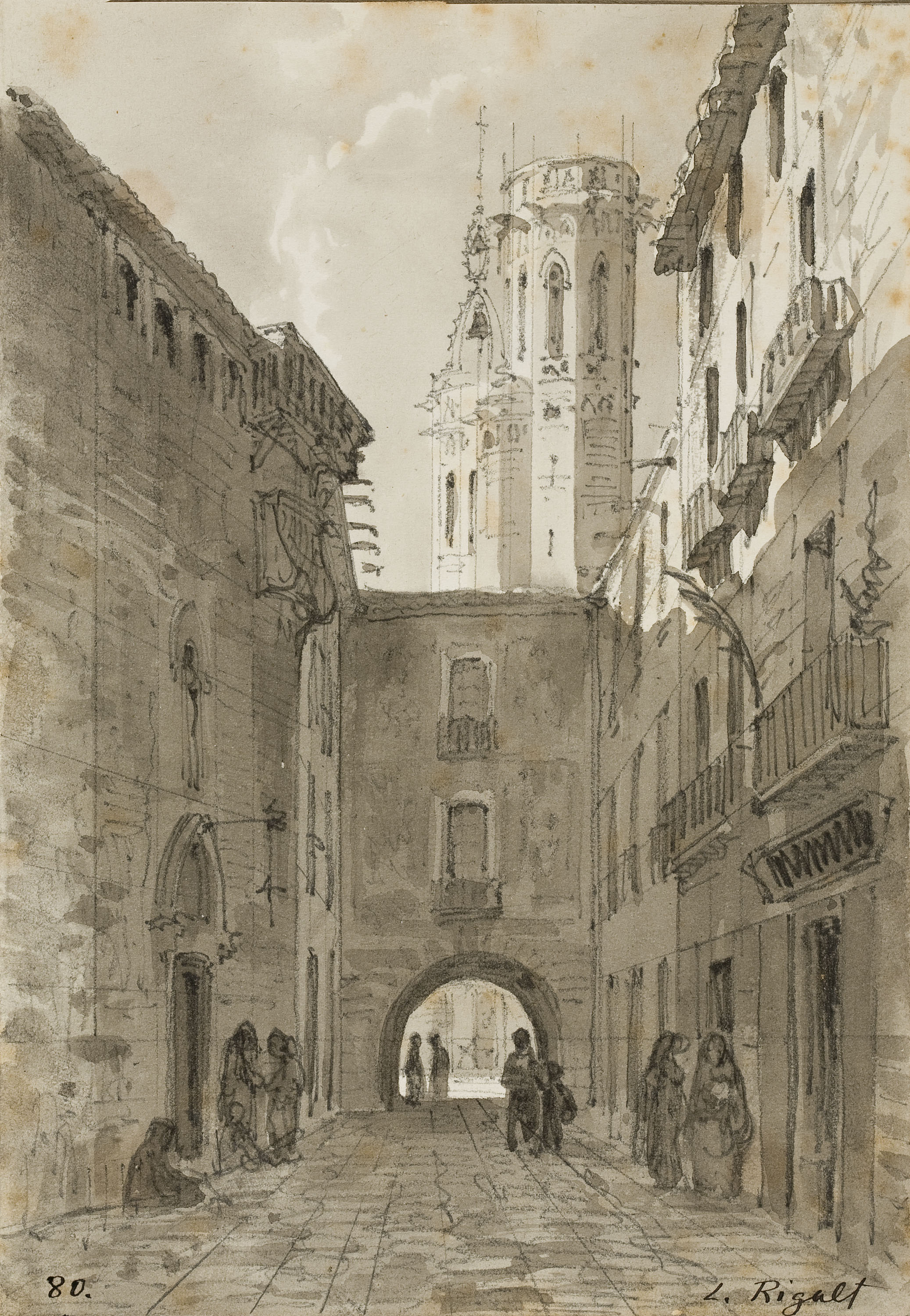 image for: Lluís Rigalt - Carrer de Barcelona amb Santa Maria del Mar al fons - Cap a 1873-1874