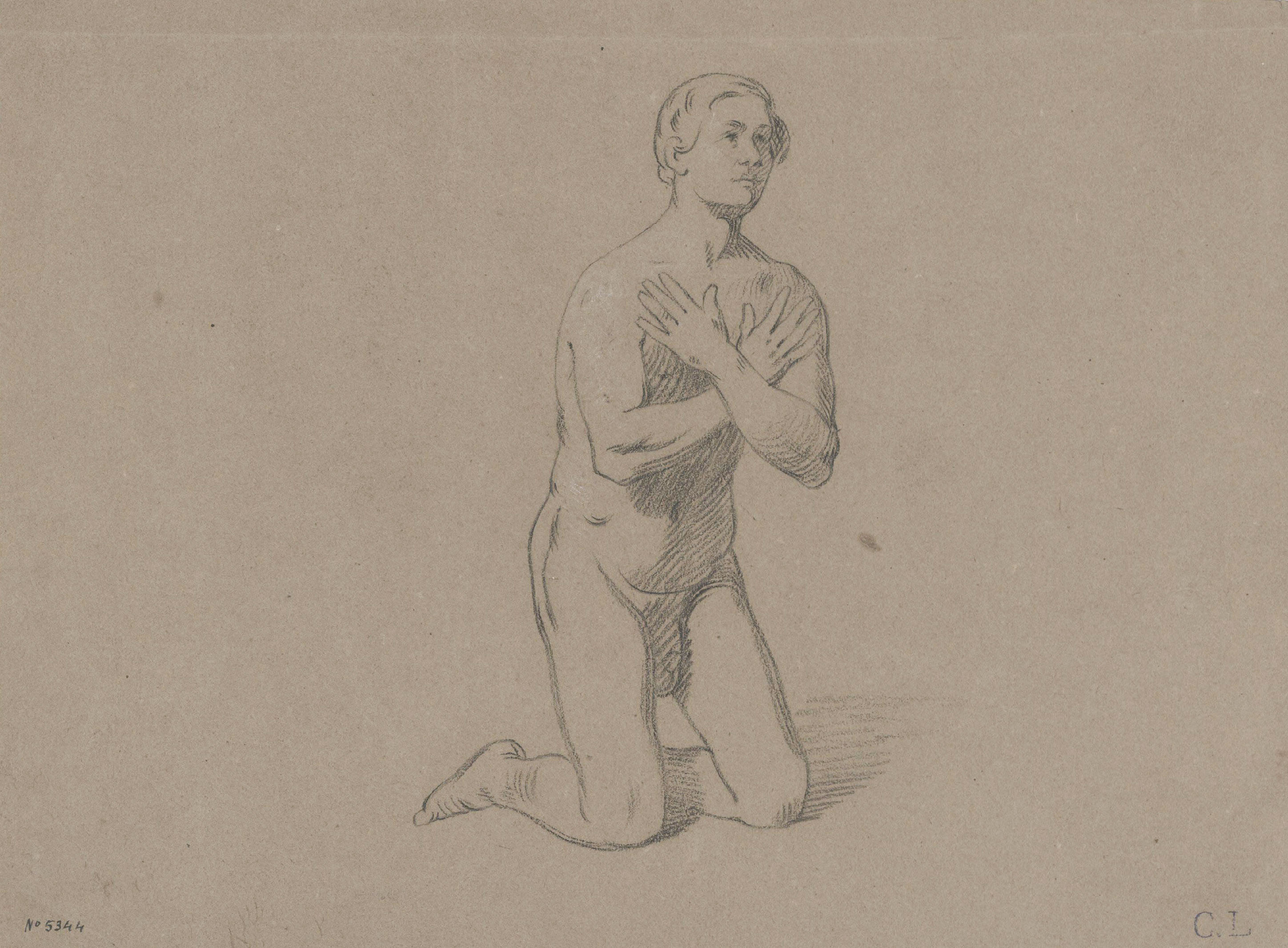 image for: Claudi Lorenzale - Nu masculí en actitud de pregària (anvers) / Estudi de figures femenines (revers) - Cap a 1860-1870
