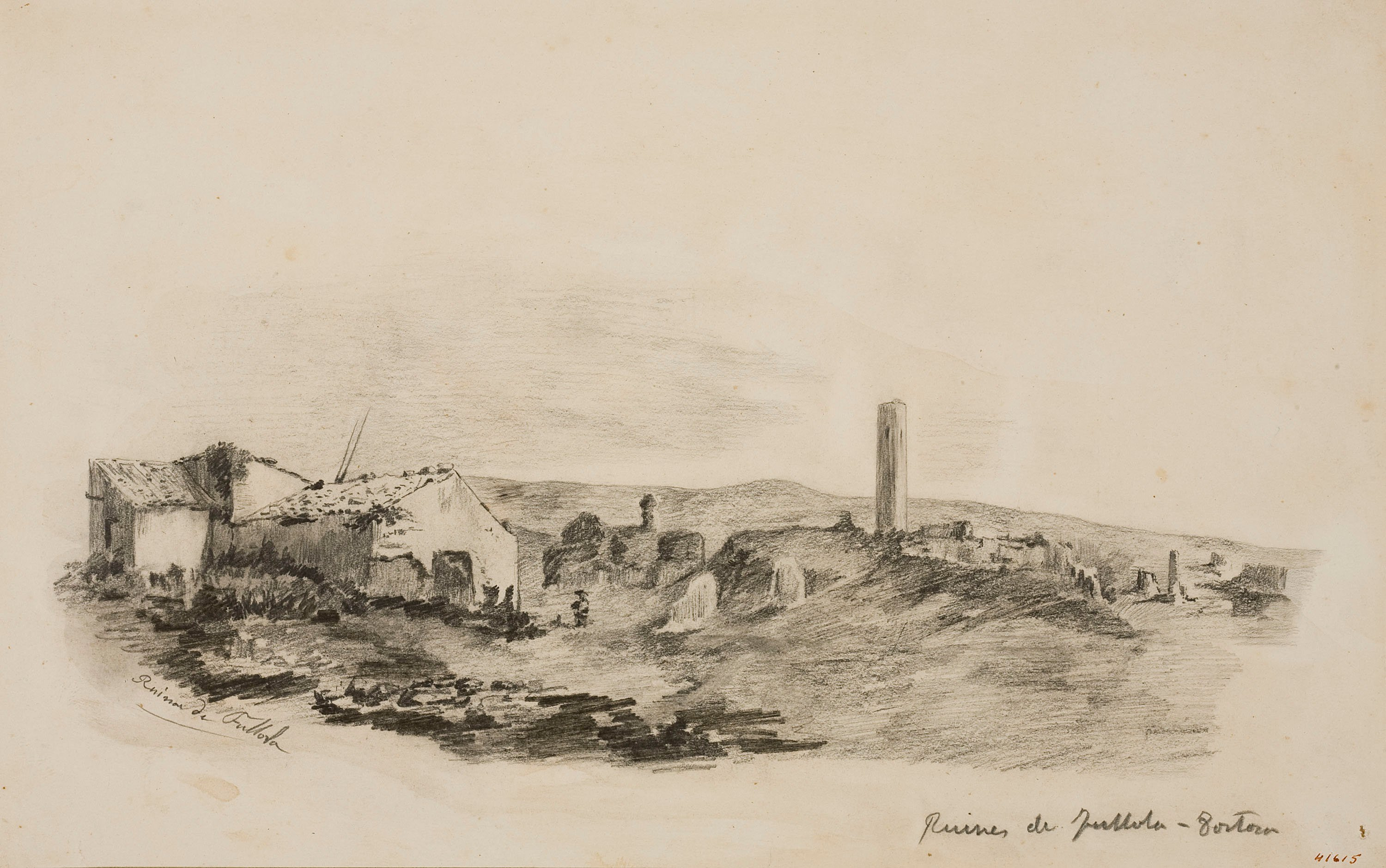 image for: Francesc Gimeno - Ruïnes de Fullola-Tortosa (anvers) / Estudi d&#039;una estàtua antiga (revers) - Cap a 1878