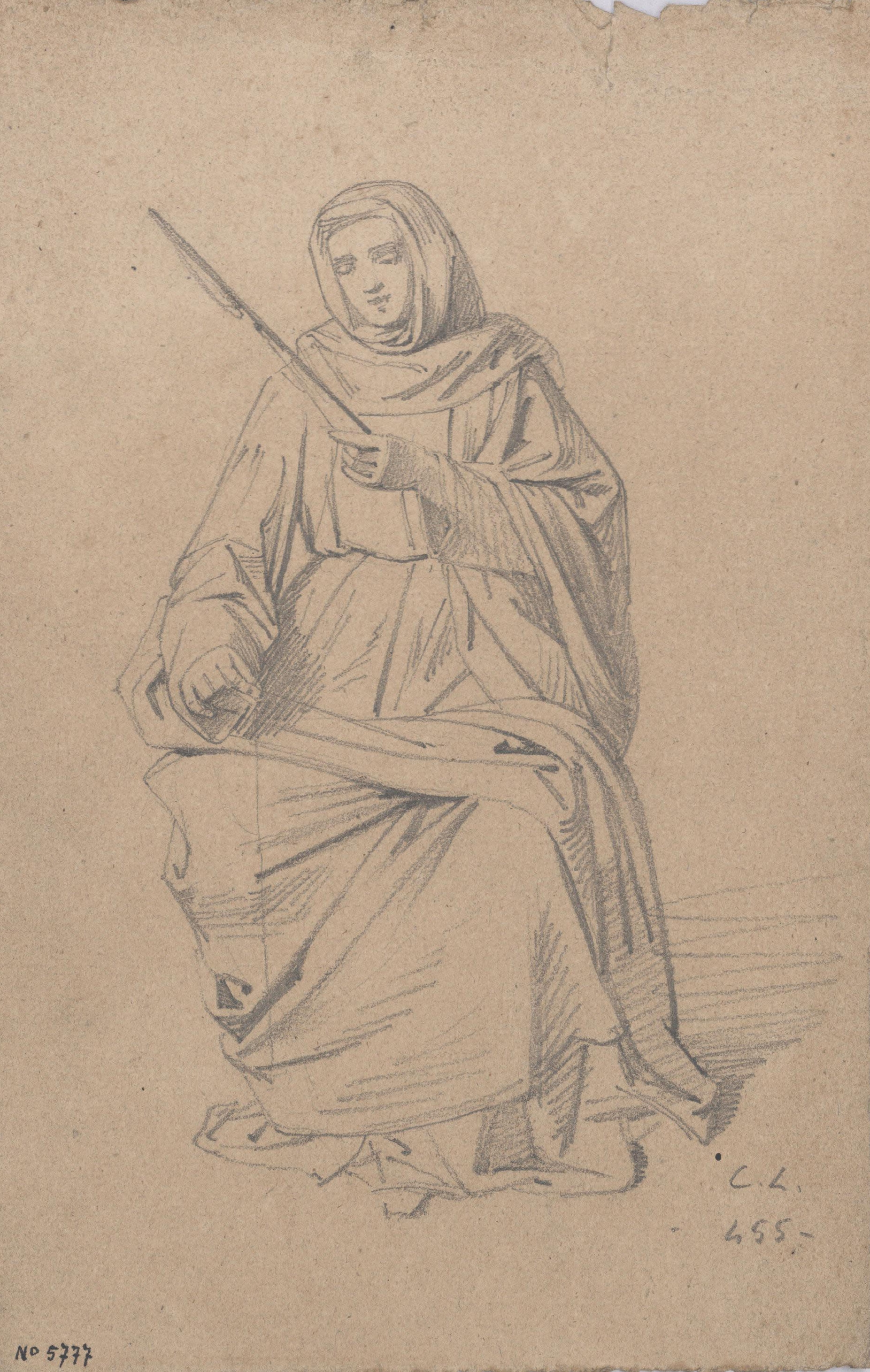 image for: Claudi Lorenzale - Estudi de dona filant per a una de les escenes del cicle de la Vida de la Mare de Déu per al retaule de l&#039;altar major de la catedral de Solsona - Cap a 1854-1856