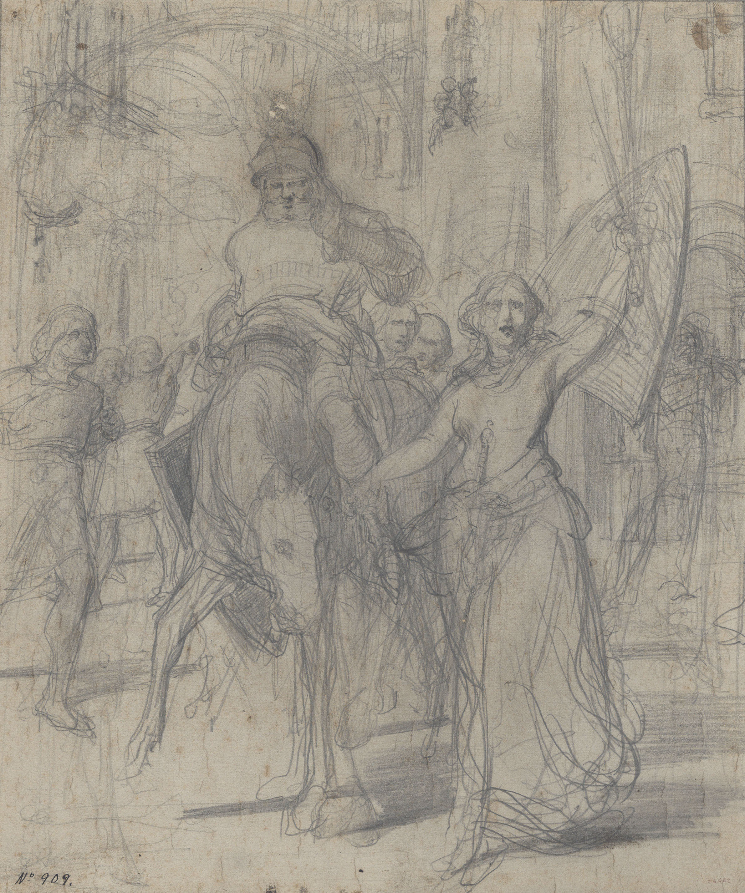 image for: Antoni Caba - Estudi per a la pintura «L&#039;heroïna de Peralada» (anvers) / Croquis de l&#039;entrada a una població per a la pintura «L&#039;heroïna de Peralada» (revers) - Cap a 1864