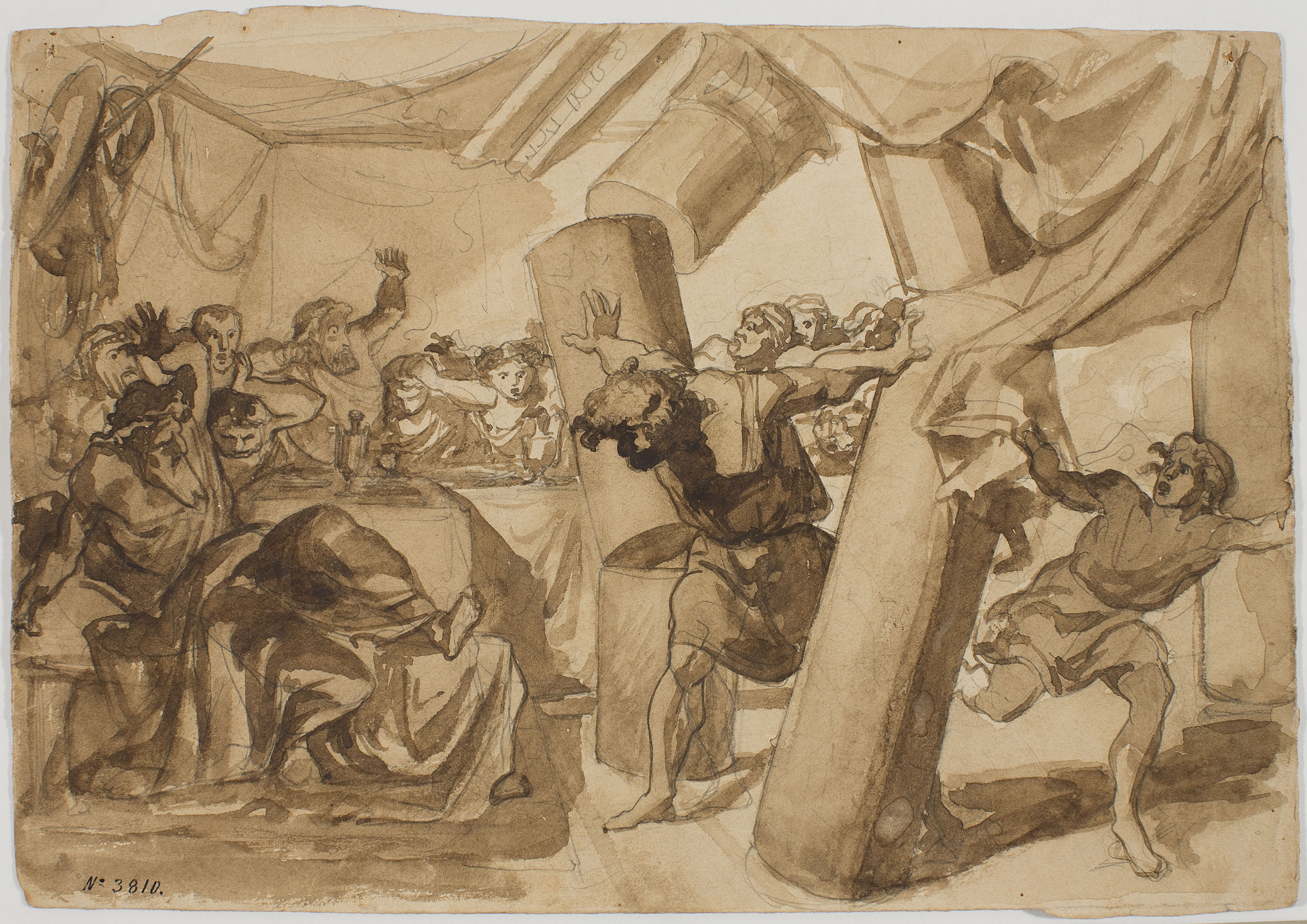 image for: Francesc Torras - Samsó derrocant les columnes del Temple (anvers) / Croquis d&#039;un cap (revers) - Cap a 1860-1870