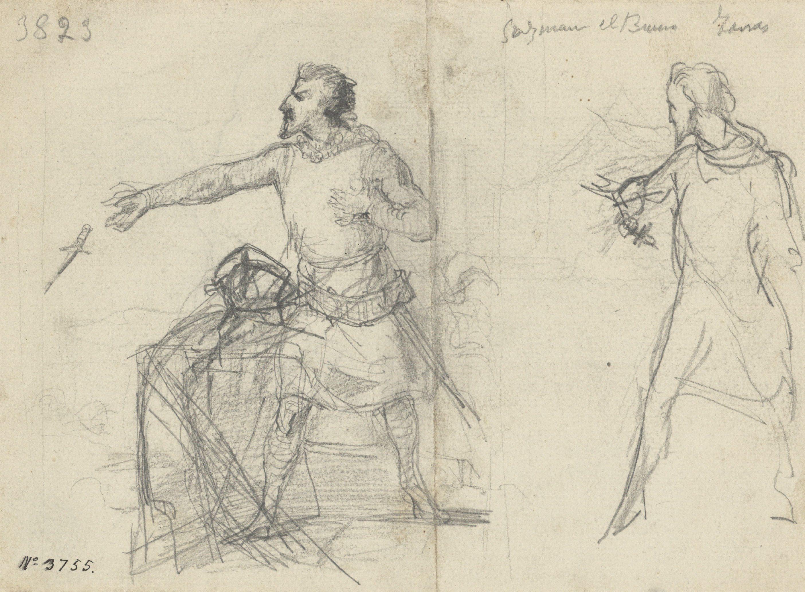 image for: Francesc Torras - Guzmán el Bueno, llançant el punyal (anvers) / Croquis de figura masculina (revers) - Cap a 1860-1876