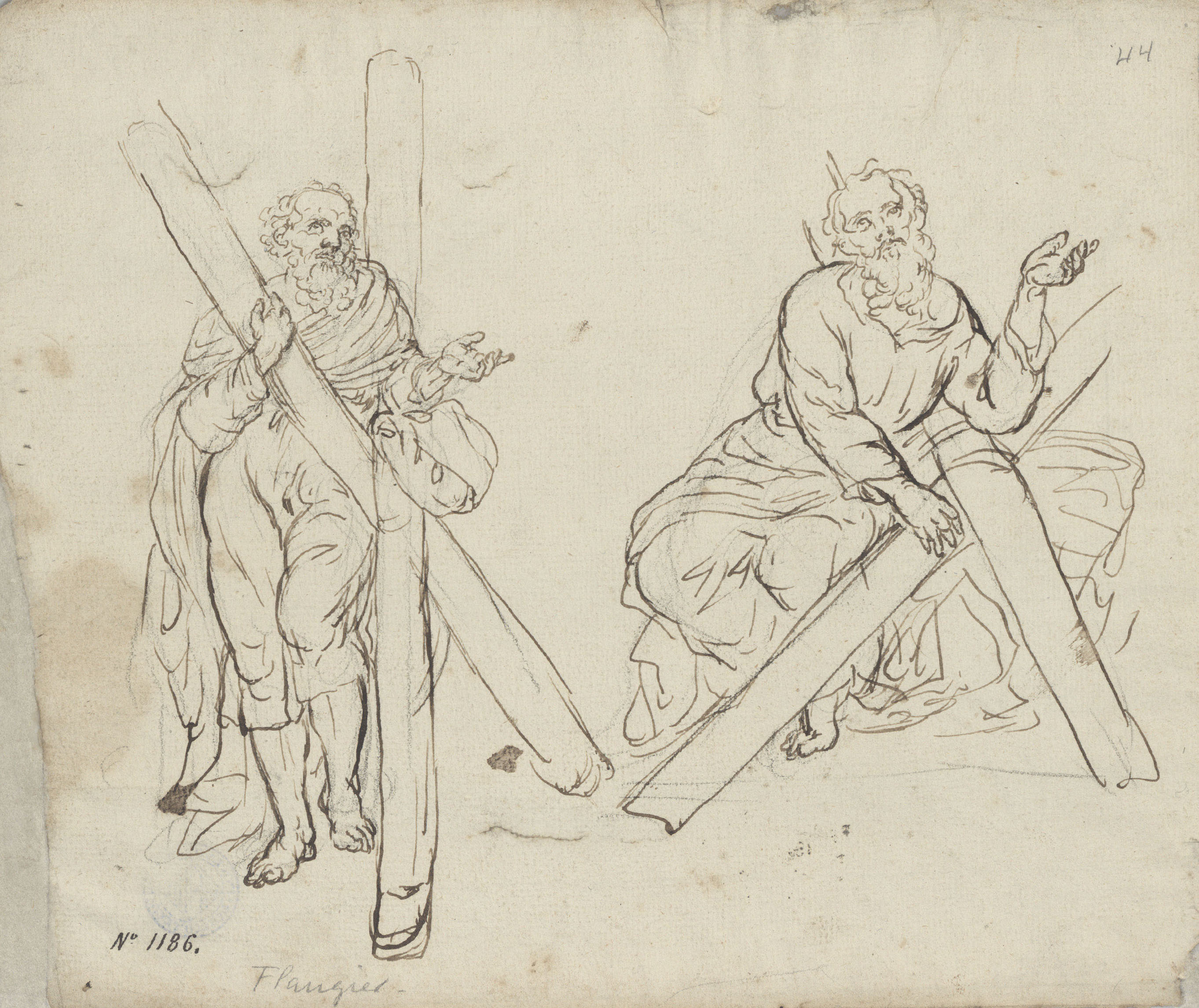 image for: Josep Bernat Flaugier - Estudis per a una figura de sant Andreu (anvers) / Esbossos (revers) - Cap a 1800-1812