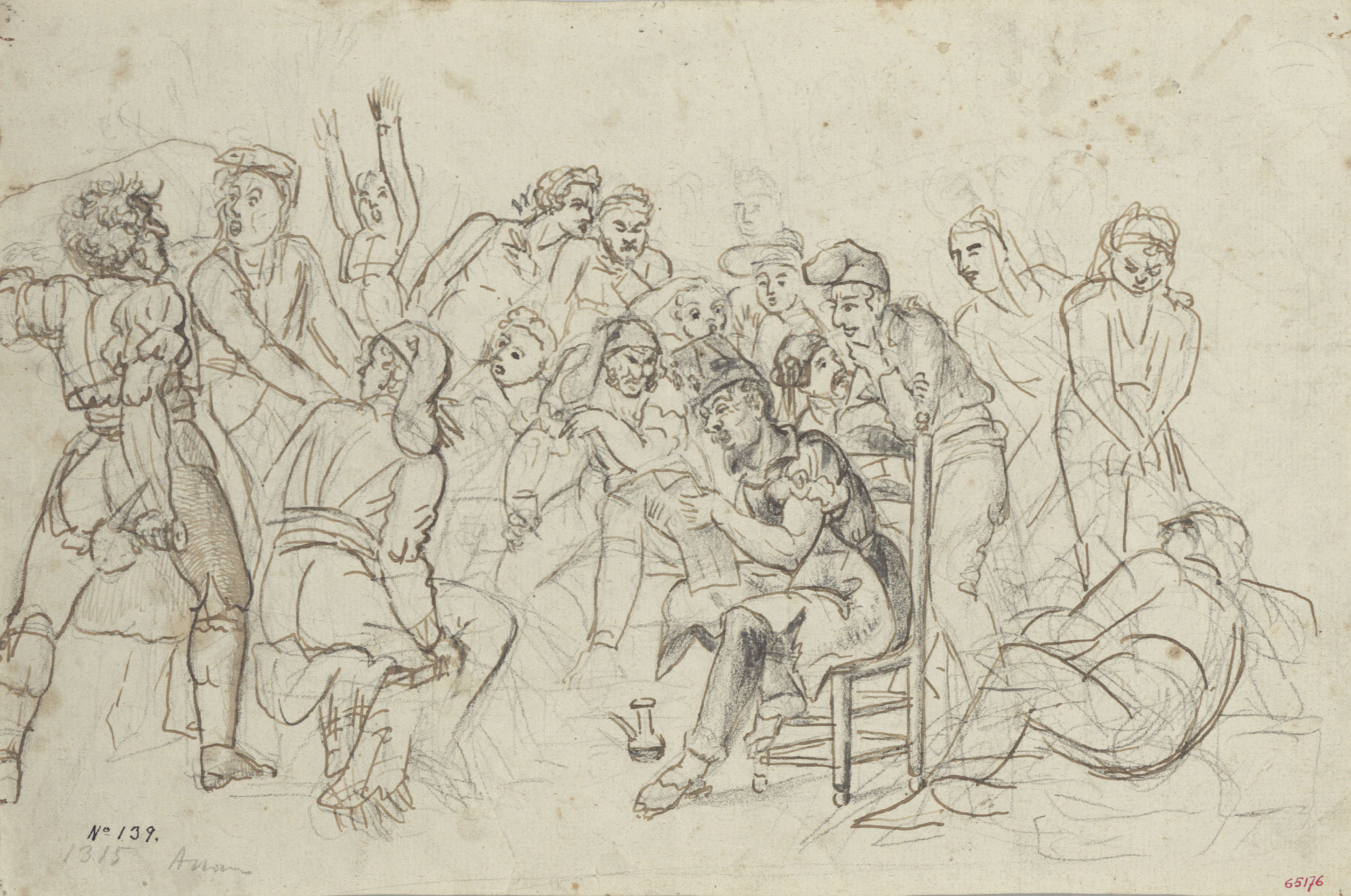 image for: Josep Bernat Flaugier - Grup de soldats escoltant notícies de la guerra (anvers) / Croquis (revers) - Cap a 1809-1812