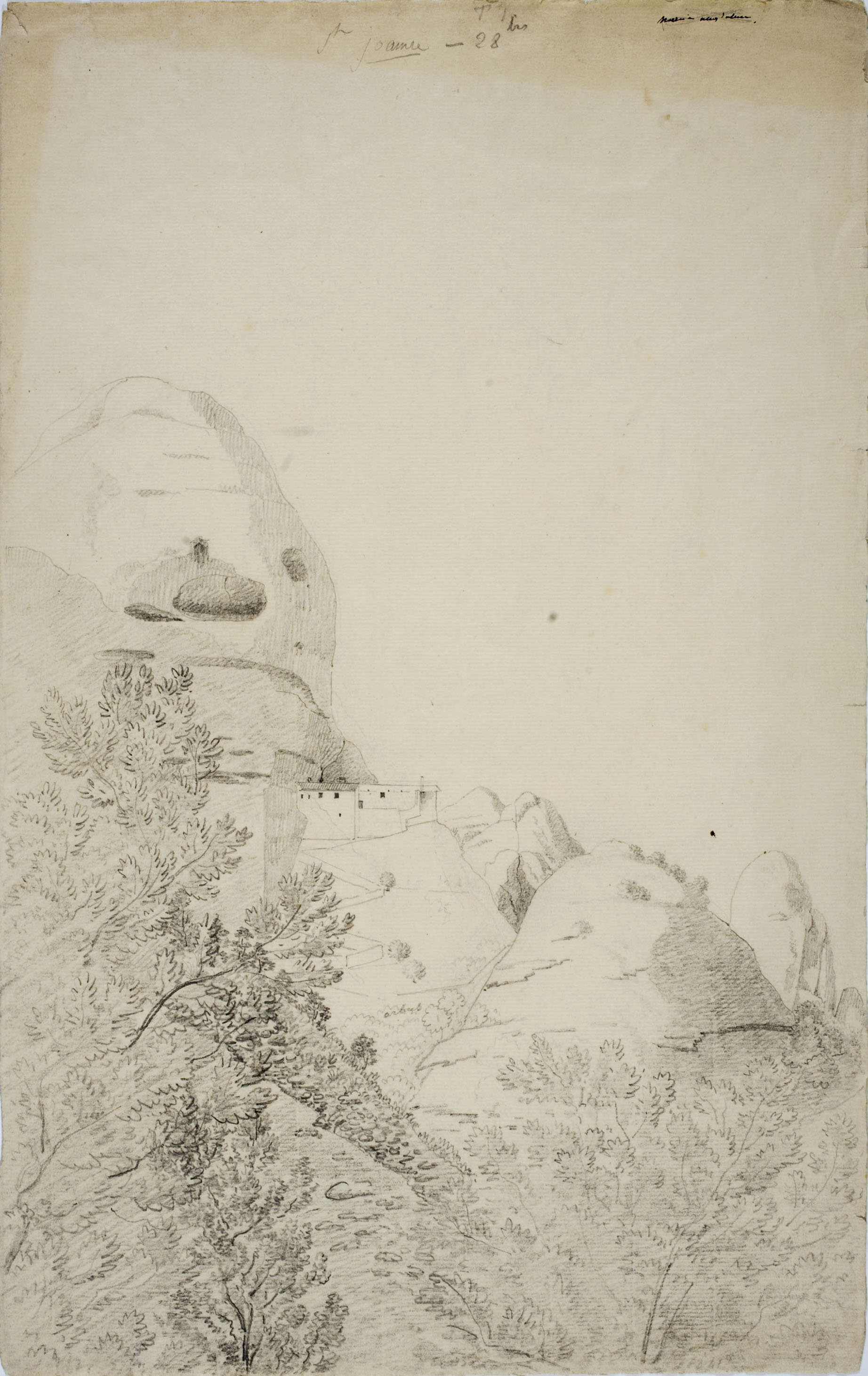 image for: Alexandre de Laborde - Ermita de Sant Jaume (anvers) / Croquis amb una vista del monestir de Montserrat (revers) - Cap a 1801-1803