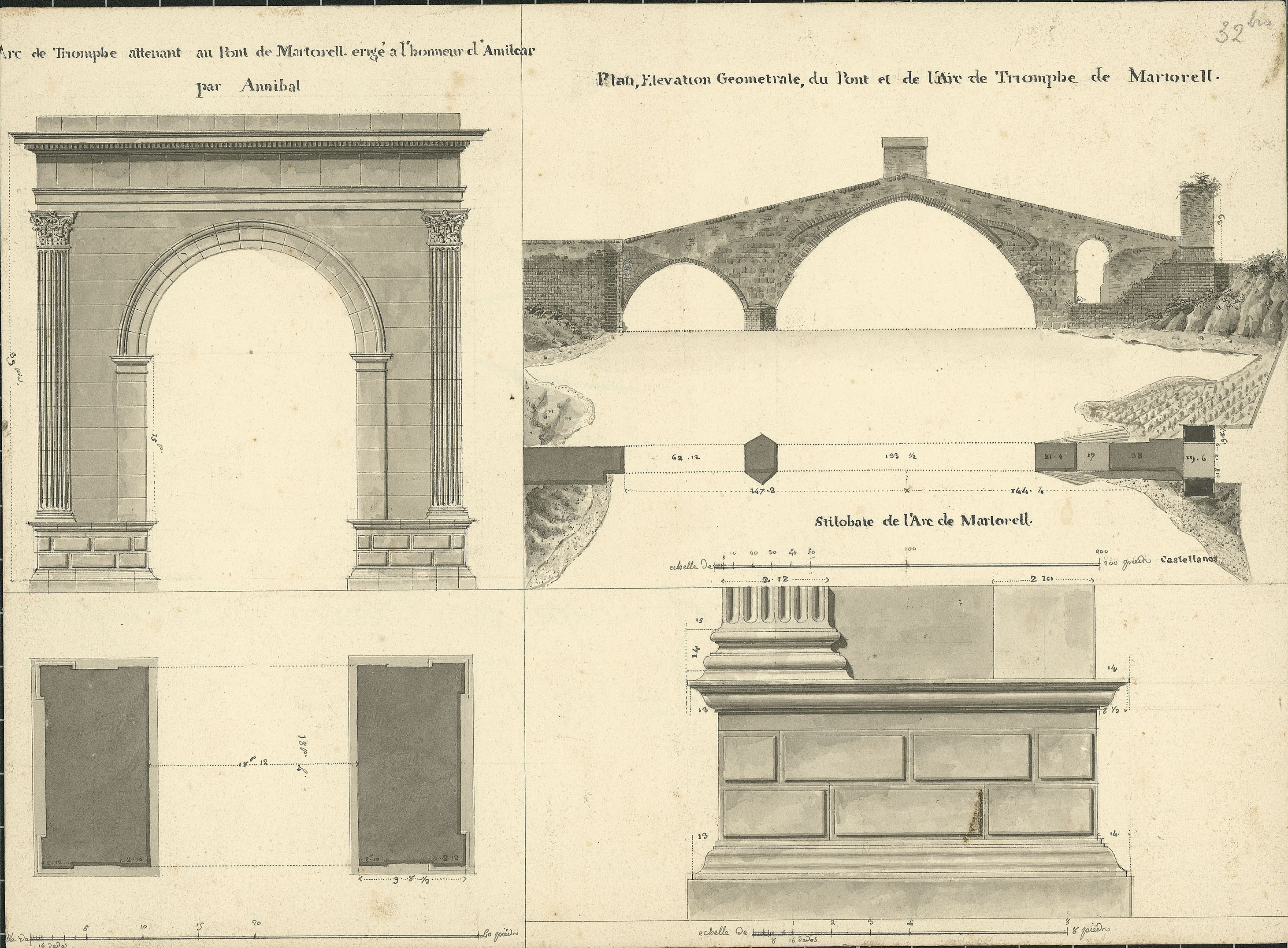 image for: François Ligier - Plantes, alçats i detalls del pont romà i de l&#039;arc de triomf de Martorell - Cap a 1801-1803