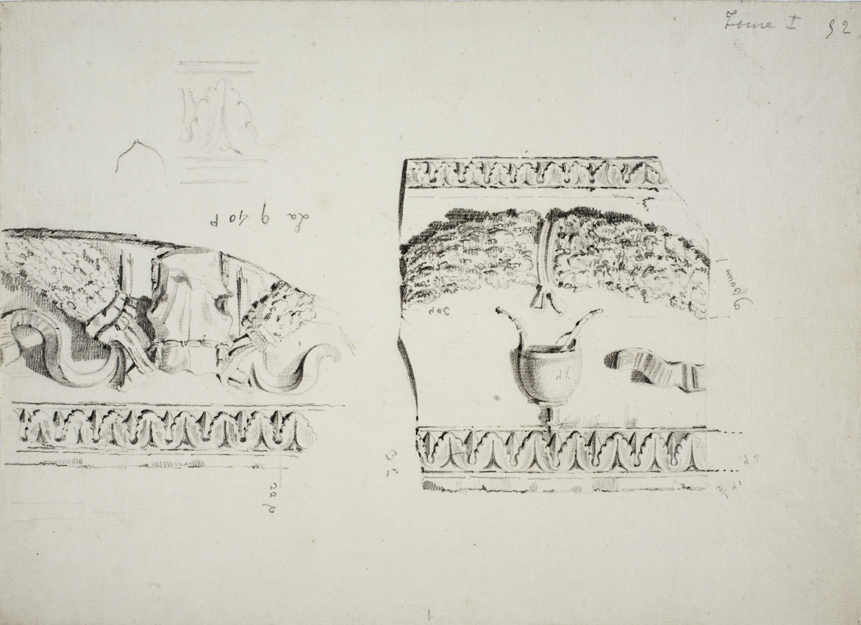 image for: François Ligier - Dos detalls del fris del palau d&#039;August a Tarragona (anvers) / Croquis de peu (revers) - Cap a 1801-1803