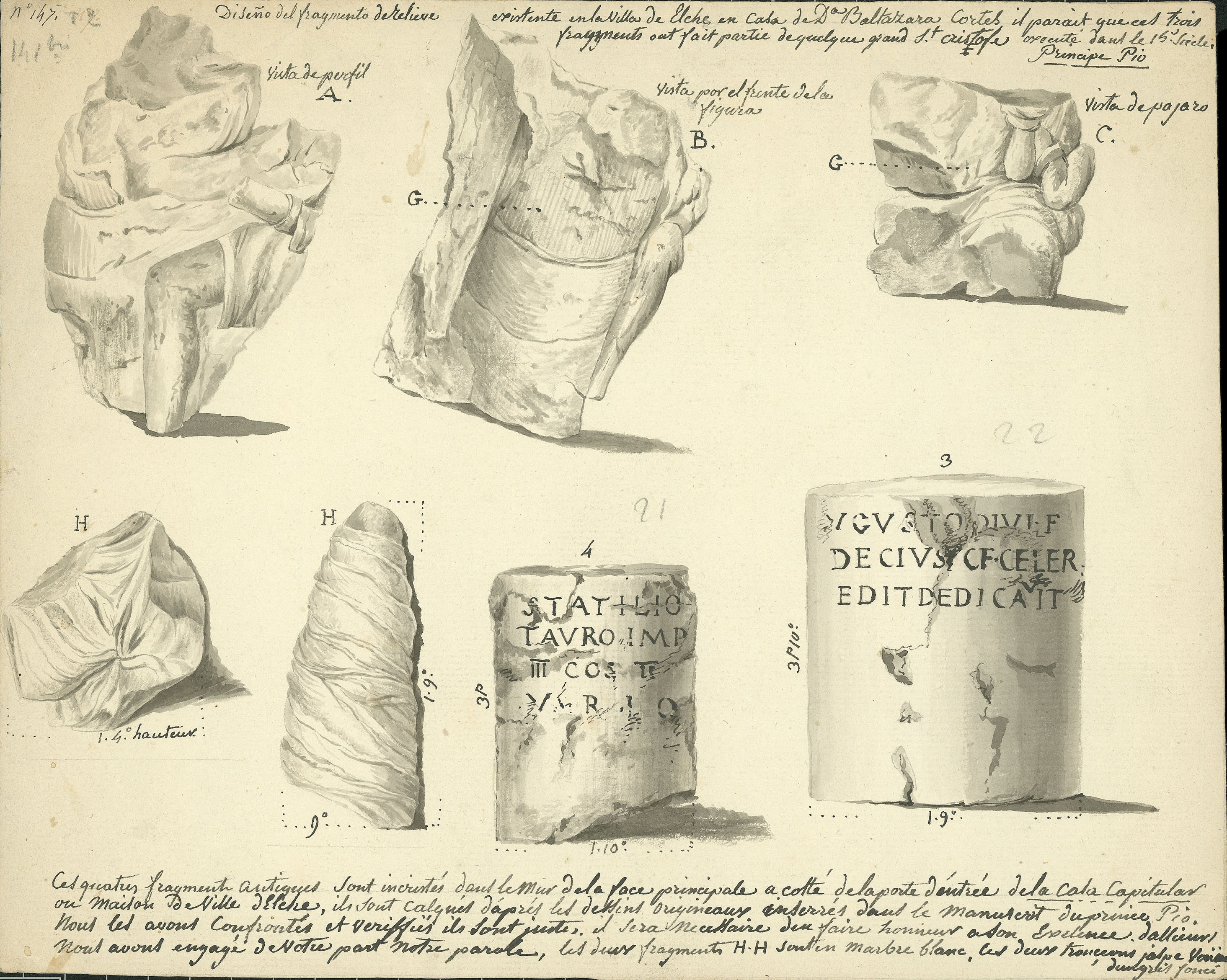 image for: François Ligier - Fragments d&#039;una estàtua de Sant Cristòfol i de columnes copiats del manuscrit del príncep Pius - Cap a 1801-1803