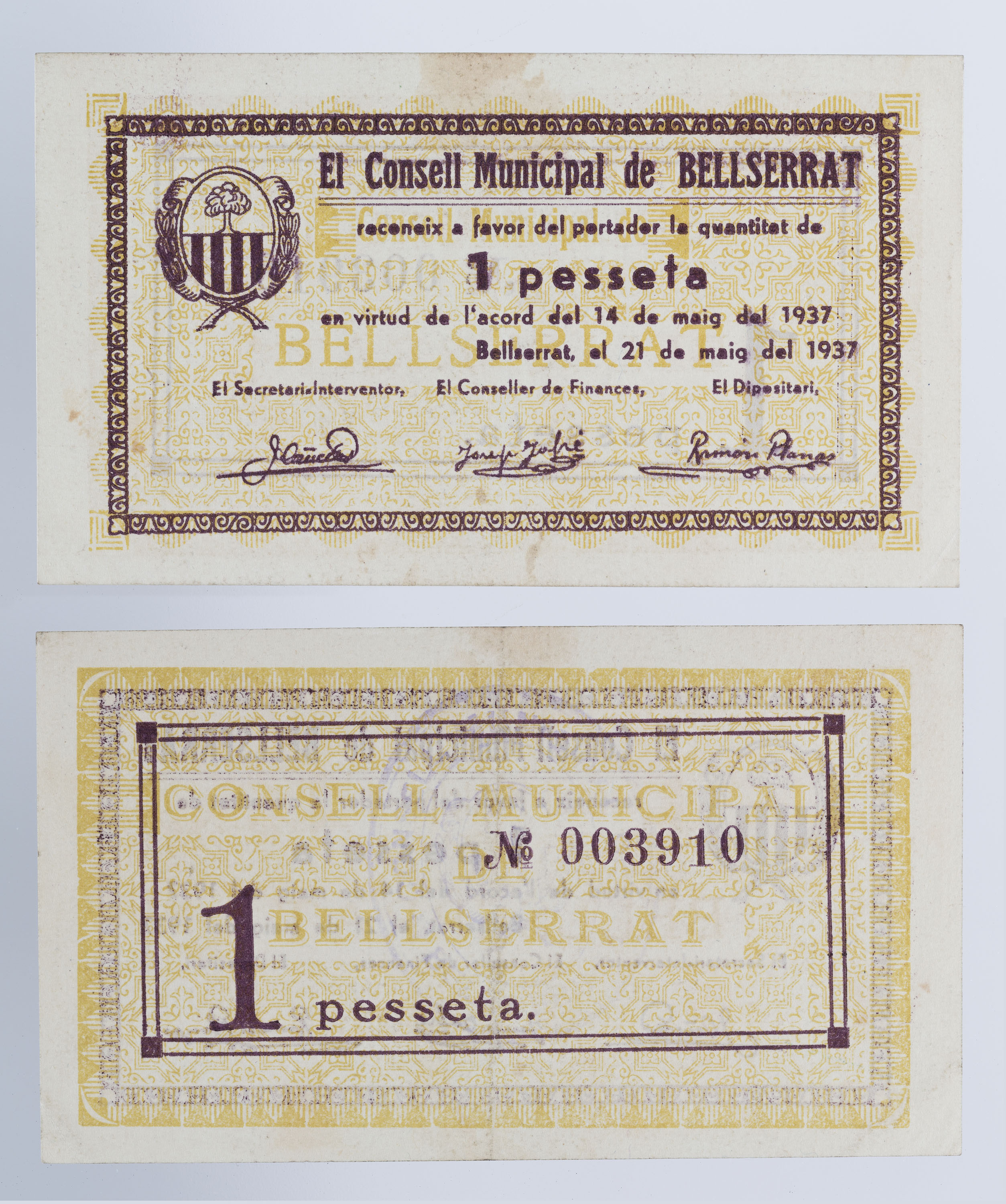 image for: Consell Municipal de Bellserrat. Sant Pere de Torelló - 1 pesseta - 21.05.1937