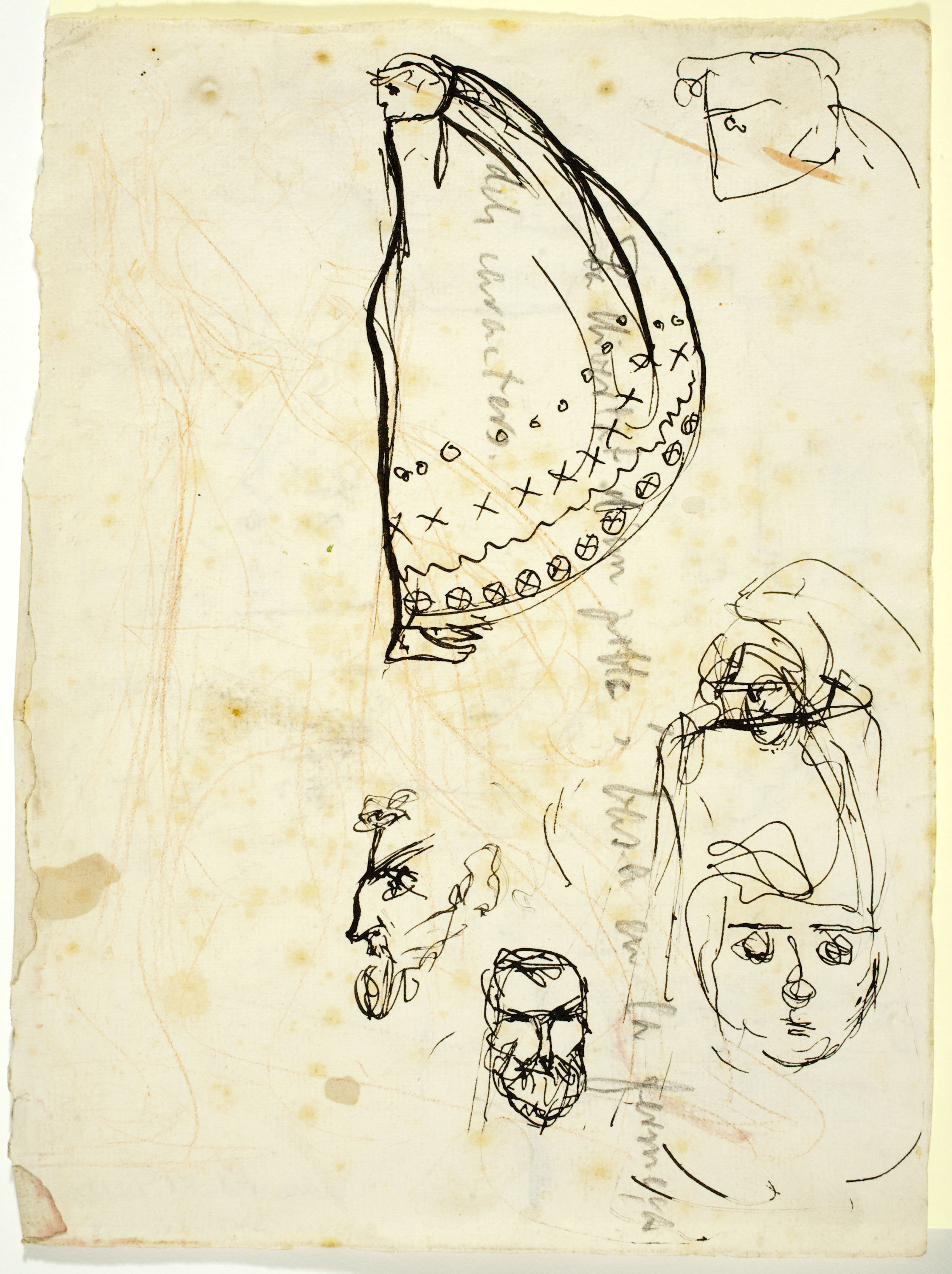 image for: Ismael Smith - Croquis de rostres maculins i inscripció manuscrita (anvers) / Motius arquitectònics (revers) - Cap a 1910-1919