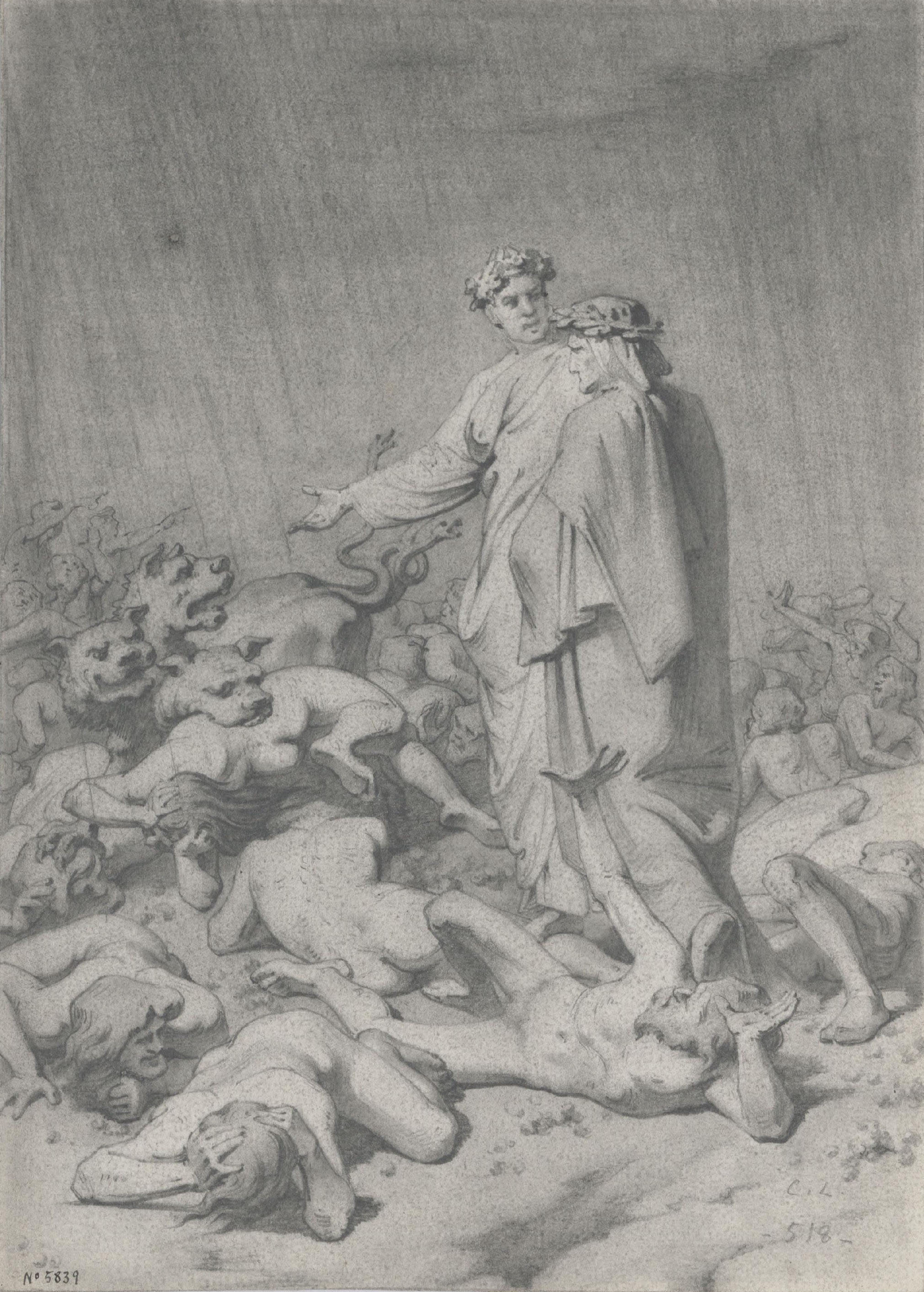 image for: Claudi Lorenzale - Dant i Virgili en un passatge de la Divina Comèdia (anvers) / Apunt de les figures de Dant i Virgili (revers) - Cap a 1850-1870