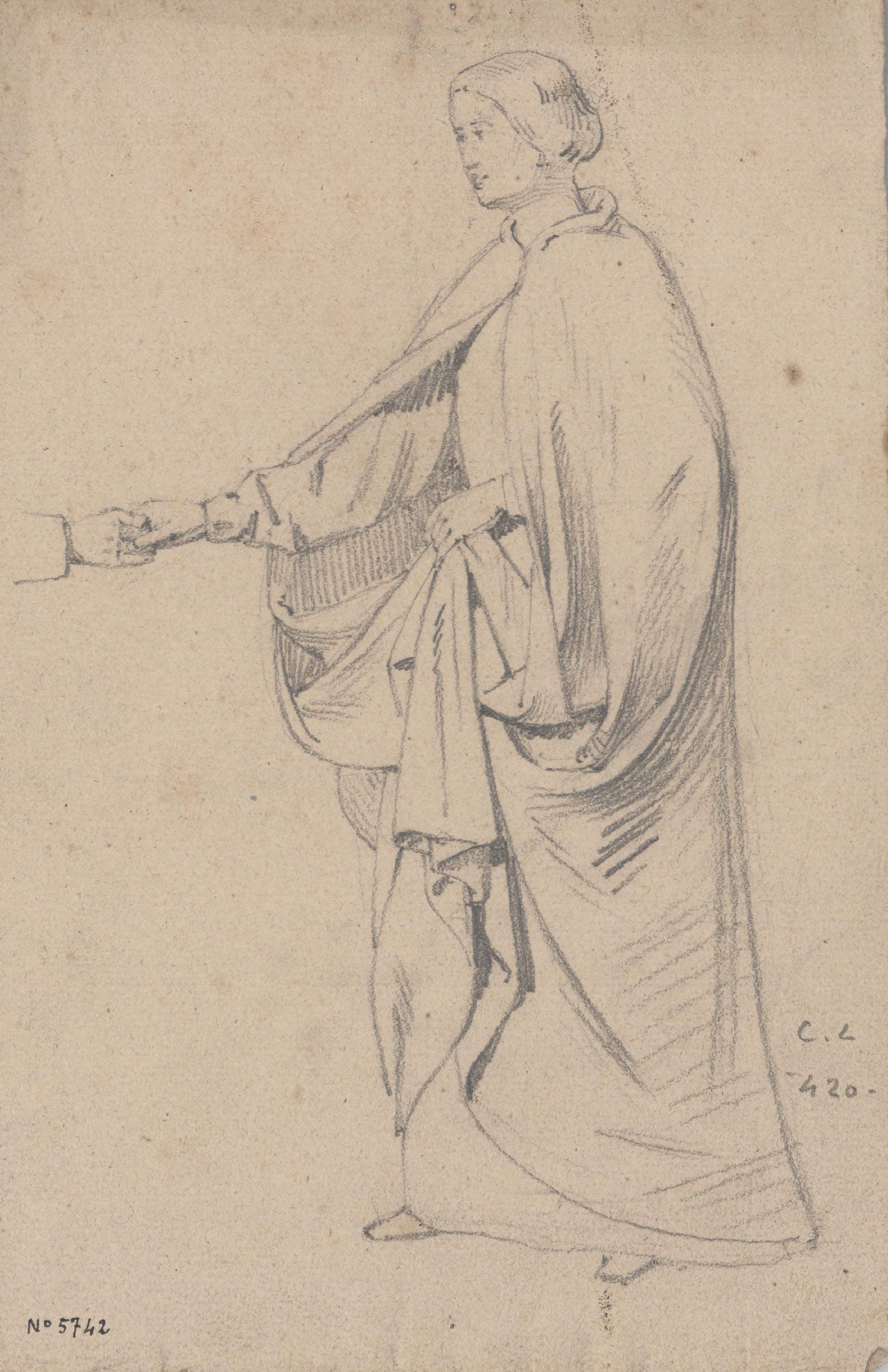 image for: Claudi Lorenzale - Dona amb un llarga capa saludant amb la mà dreta - Cap a 1850-1870