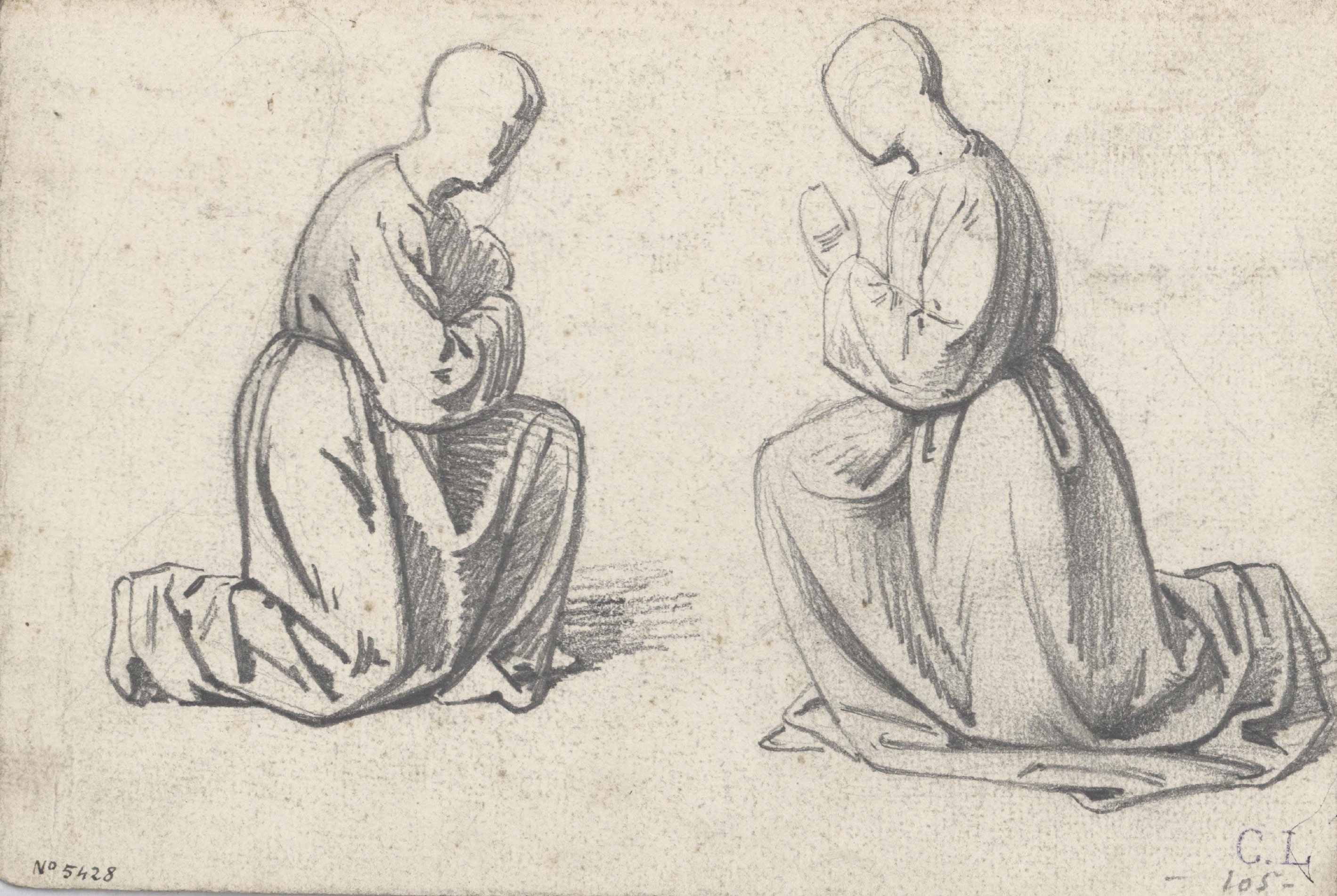 image for: Claudi Lorenzale - Dues dones agenollades pregant - Cap a 1850-1870