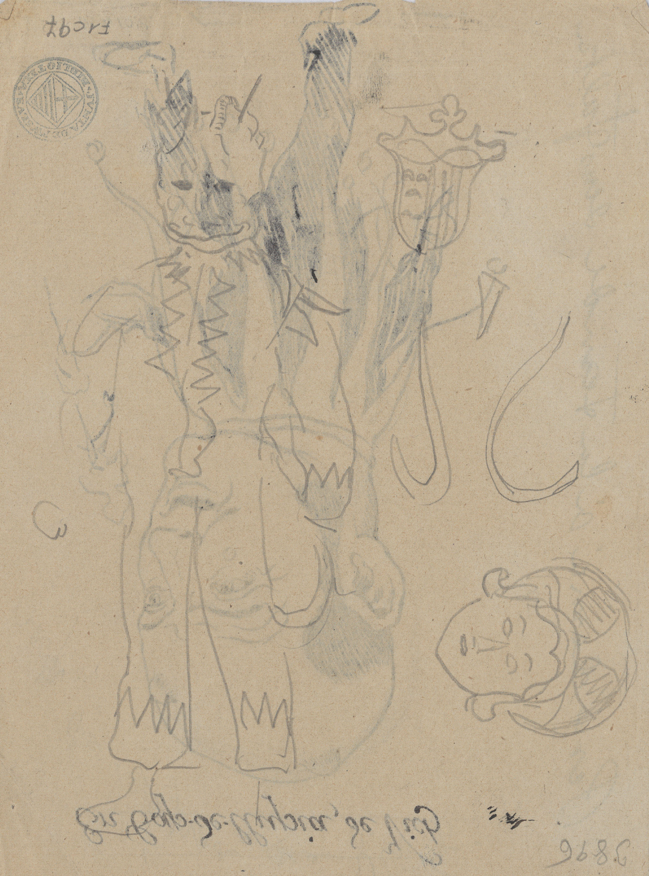 image for: Antoni Utrillo - En Cap-de-llupia, de Vich (anvers) / Croquis de diversos dibuixos i del diable de Berga (revers) - 1902 [1]