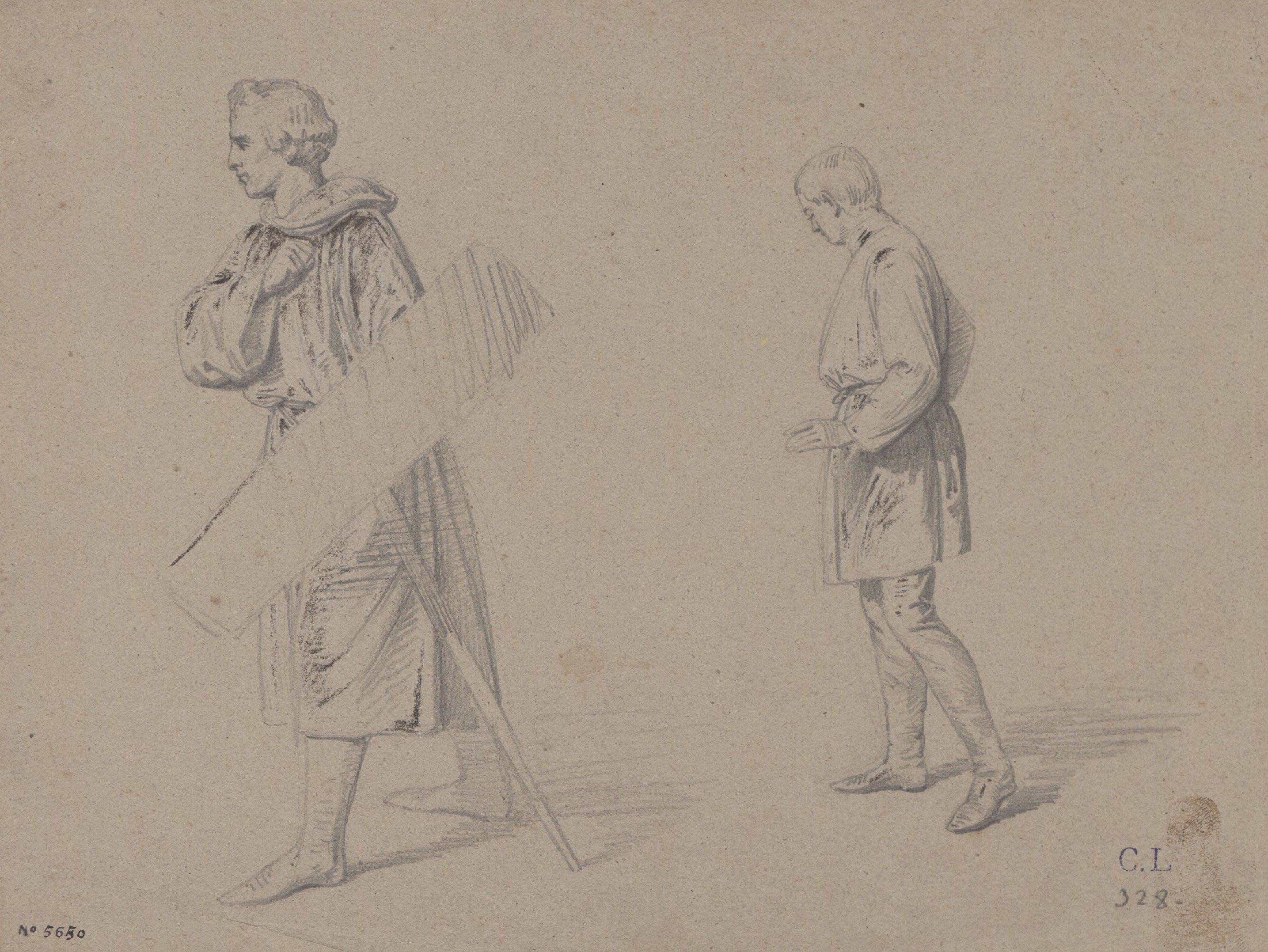 image for: Claudi Lorenzale - Estudi de cavaller amb escut i espasa i figura masculina per al quadre històric de la família Centelles - Cap a 1850-1860