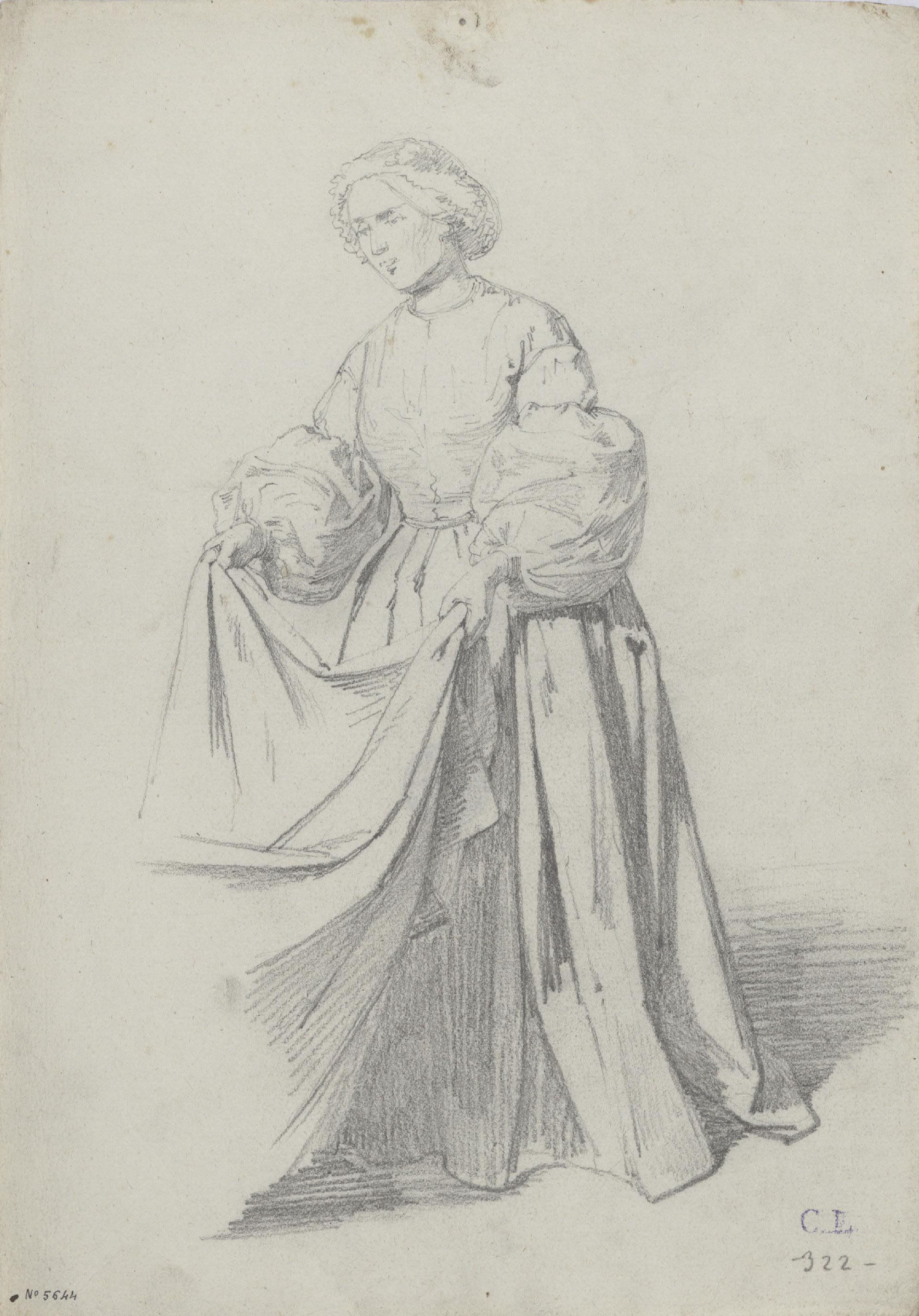 image for: Claudi Lorenzale - Estudi de dona sostenint una túnica per un dels seus extrems per al quadre «Els ambaixadors de la Diputació a Vilafranca prohibeixen a la Reina Joana que acompanyi el Príncep... - Cap a 1870