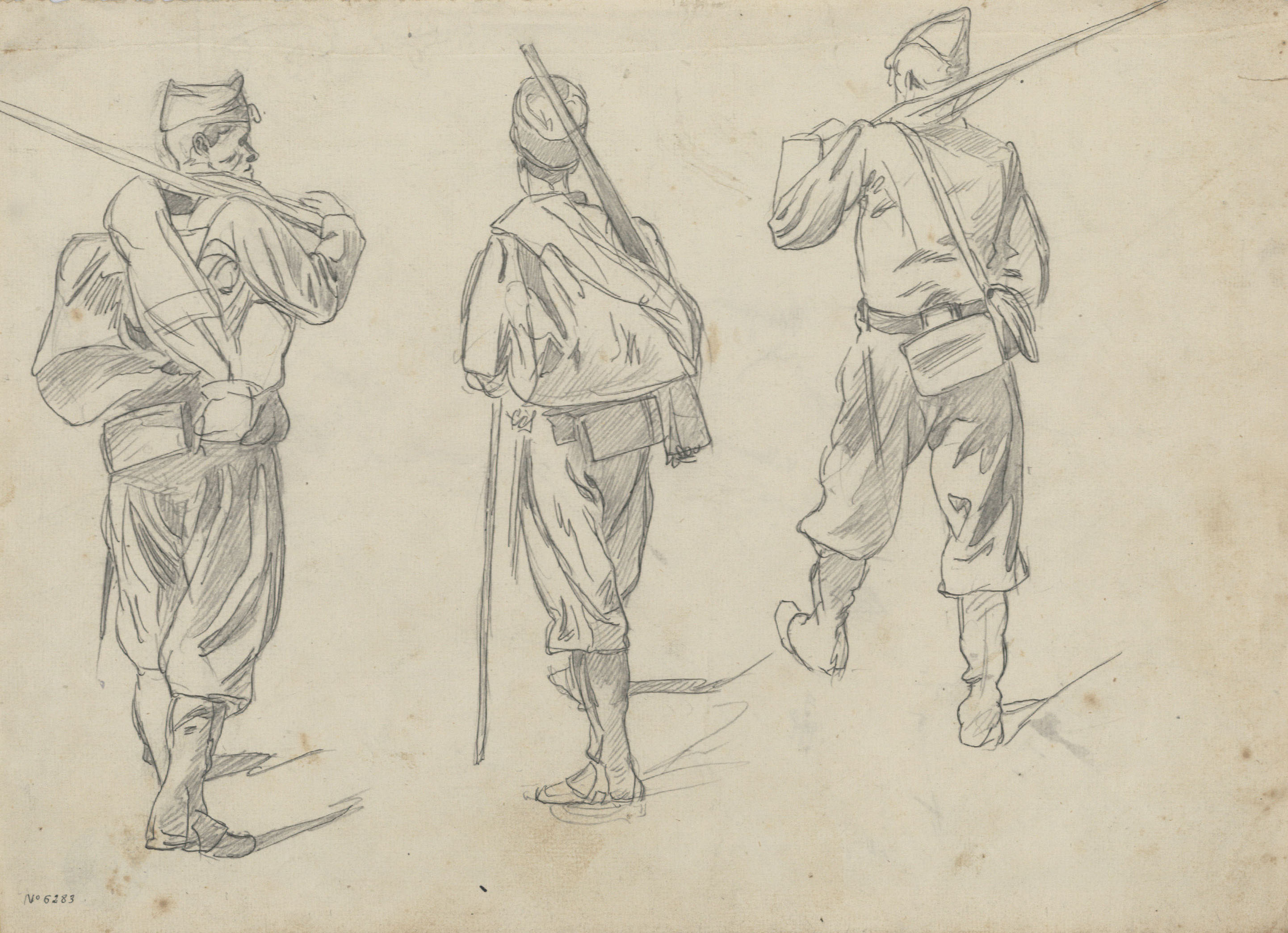 image for: Josep Lluís Pellicer - Soldats carlistes (anvers) / Croquis de plànol de batalla (revers) - Cap a 1872-1876