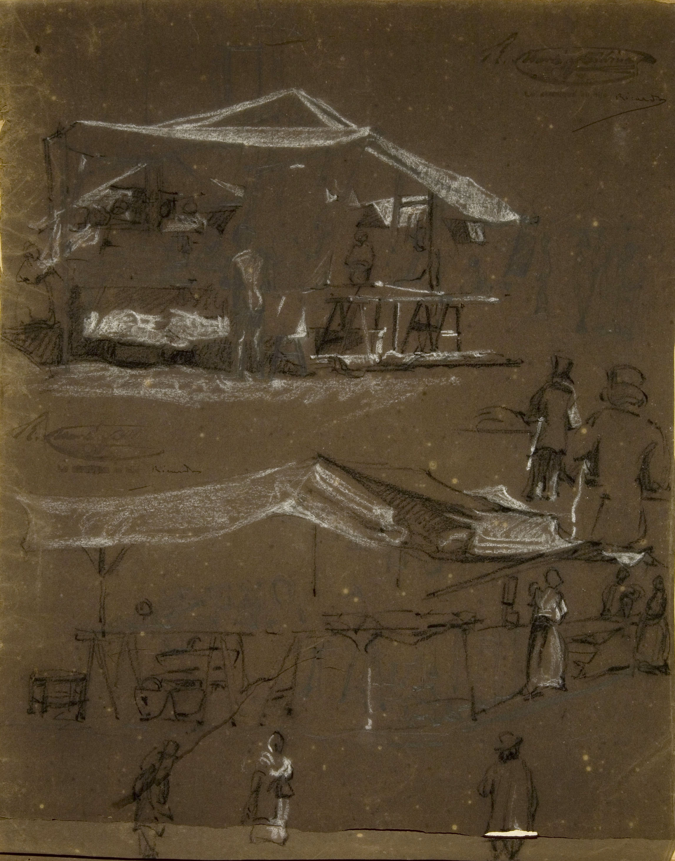 image for: Ramon Martí i Alsina - Apunt de dues parades de mercat amb figures - Cap a 1866-1870