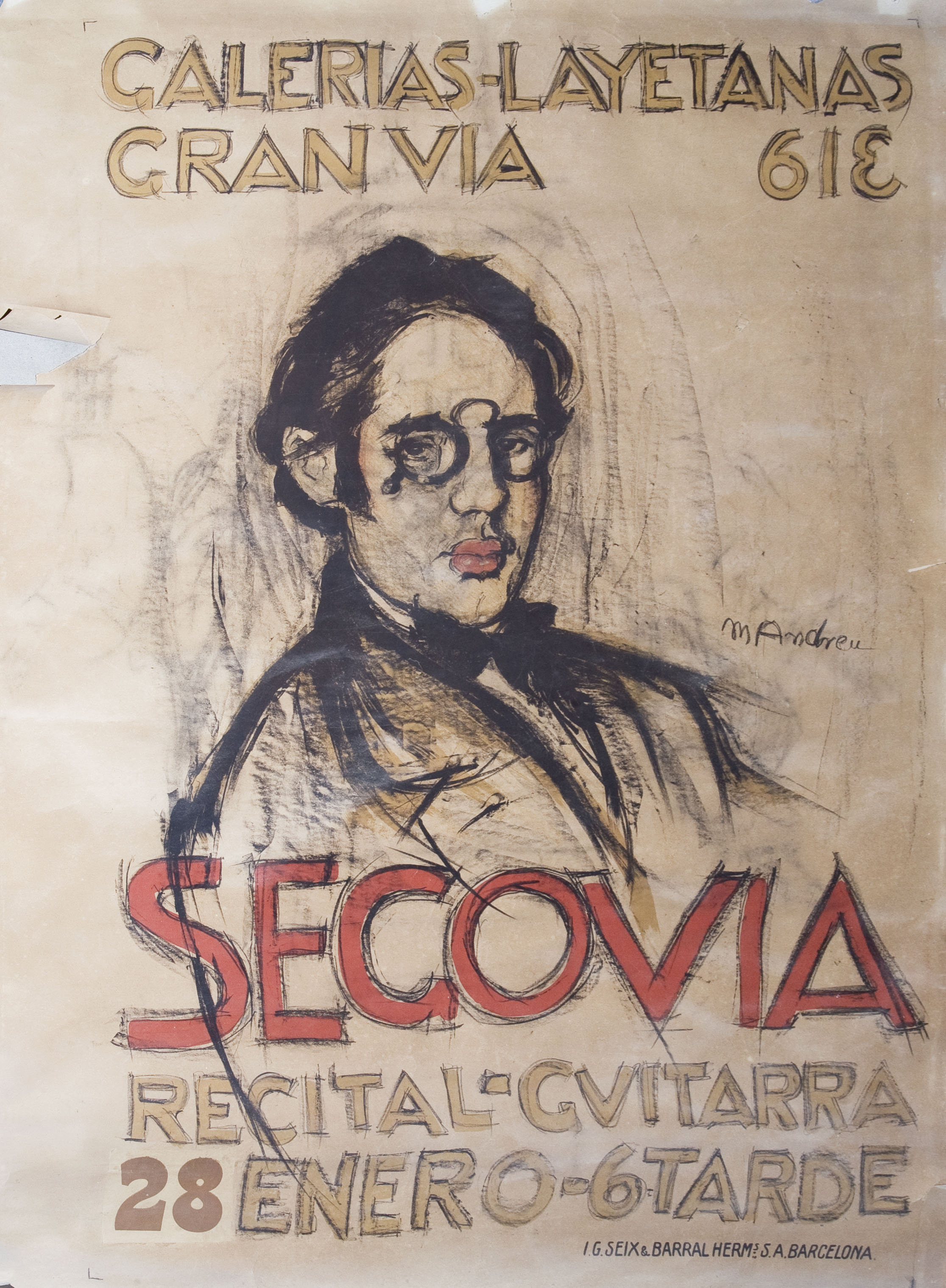 image for: Marià Andreu Estany - Dibuix preparatori per al cartell «Segovia / recital de guitarra» a les Galeries Laietanes - 1916