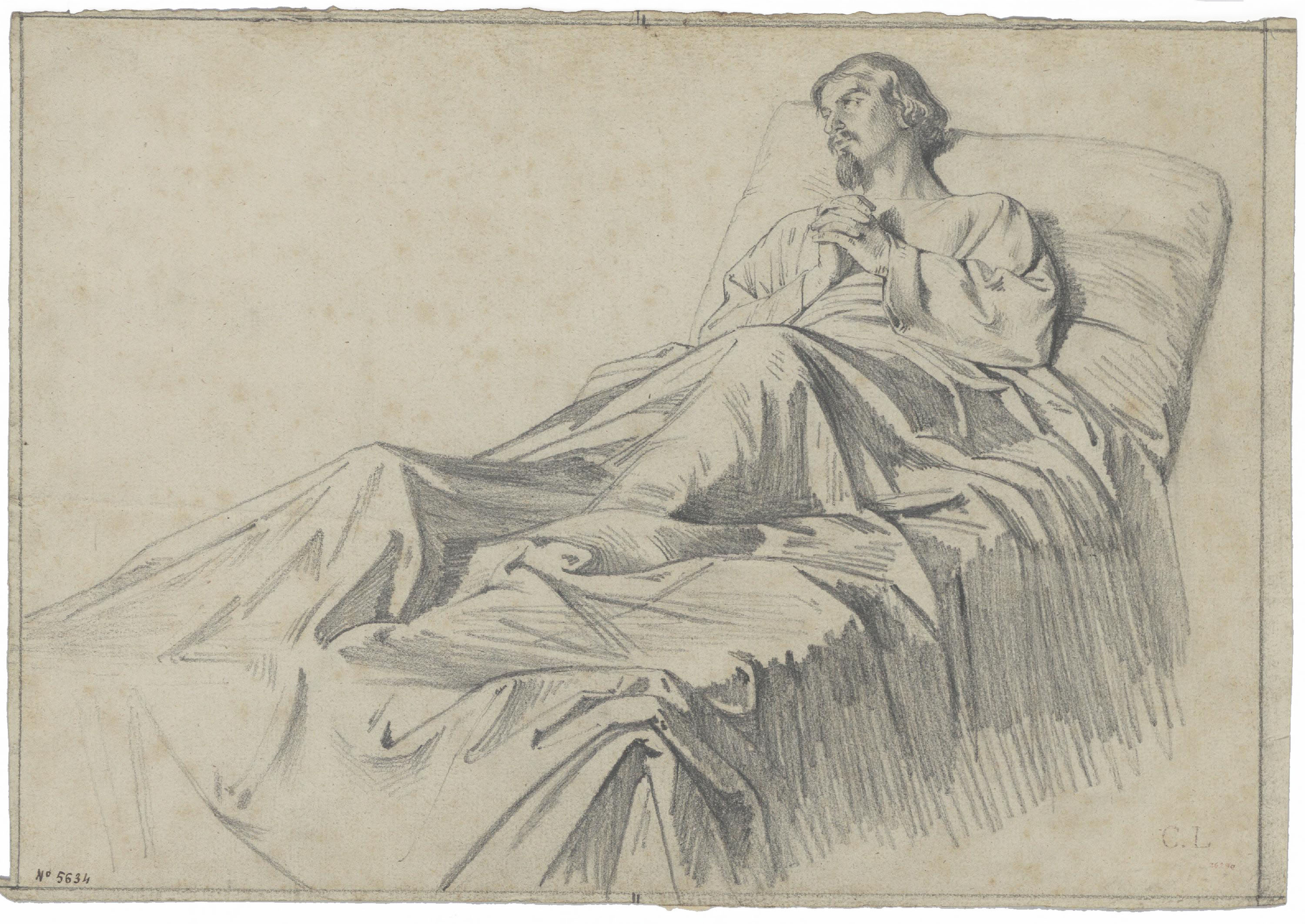 image for: Claudi Lorenzale - Estudi d&#039;home malalt al llit implorant la misericòrdia divina per al quadre «Mort del rei Pere III a Vilafranca» (anvers) / Estudi d&#039;home malalt al llit implorant la... - Cap a 1870