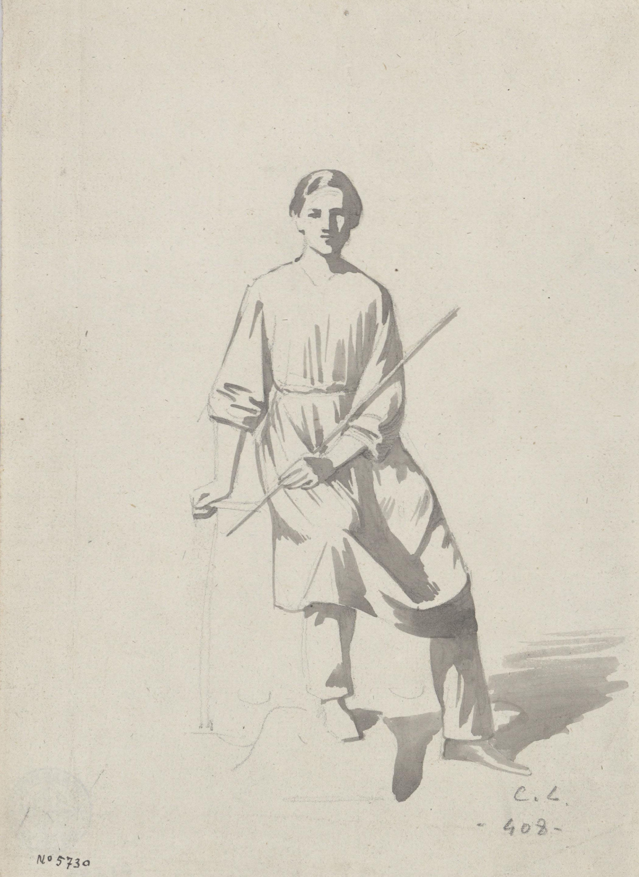 image for: Claudi Lorenzale - Jove vestint una llarga brusa i assegut sobre un bloc de pedra - Cap a 1850-1870