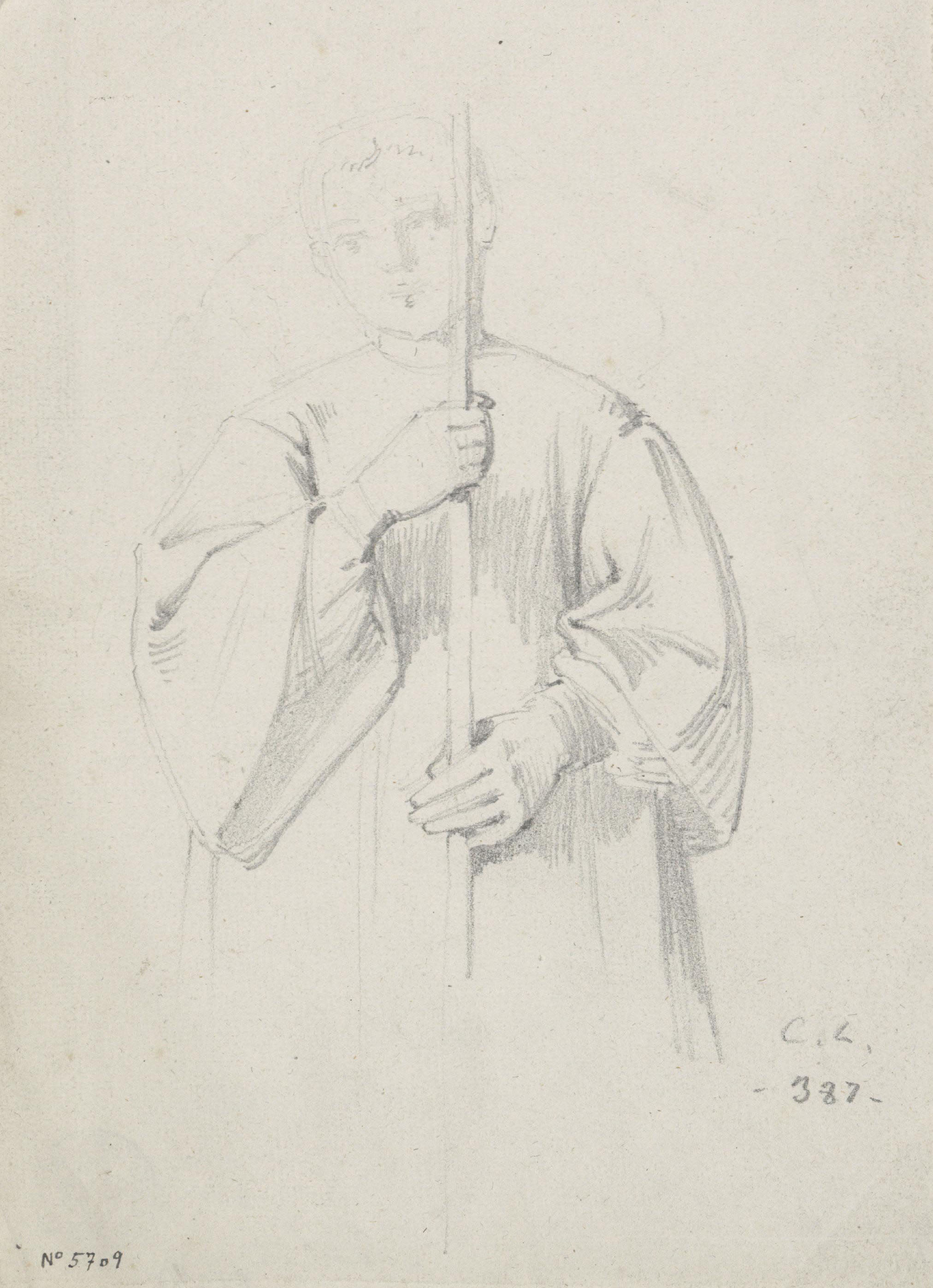 image for: Claudi Lorenzale - Estudi de sagristà amb la creu alçada per al quadre «La mort del rei Pere III a Vilafranca» - Cap a 1870