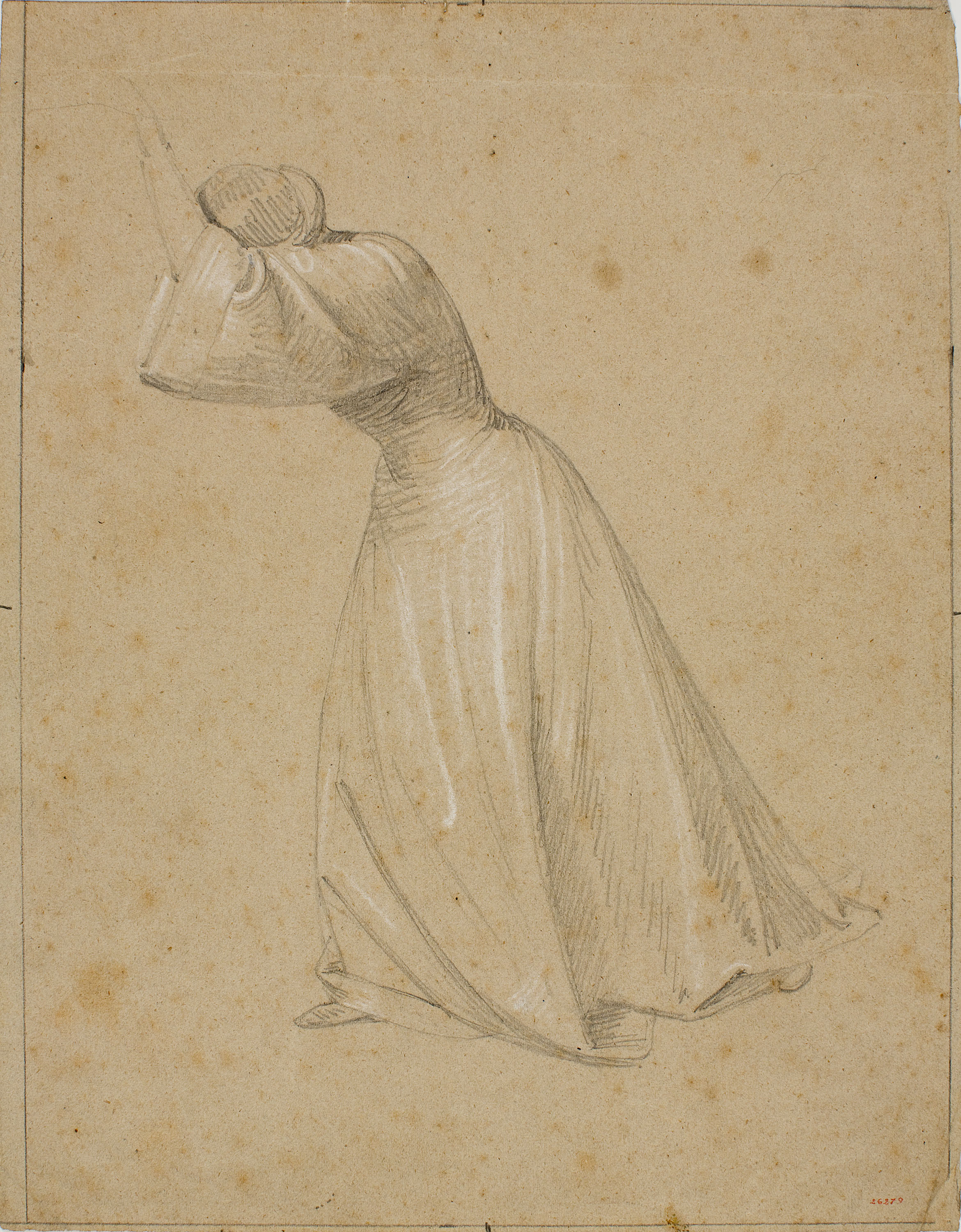image for: Claudi Lorenzale - Estudi de dona dempeus, amb el cap entre els braços enlairats per al quadre d&#039;episodi històric de la família Centelles (anvers) / Home vell amb nen i estudi de màniga (revers) - Cap a 1850-1855