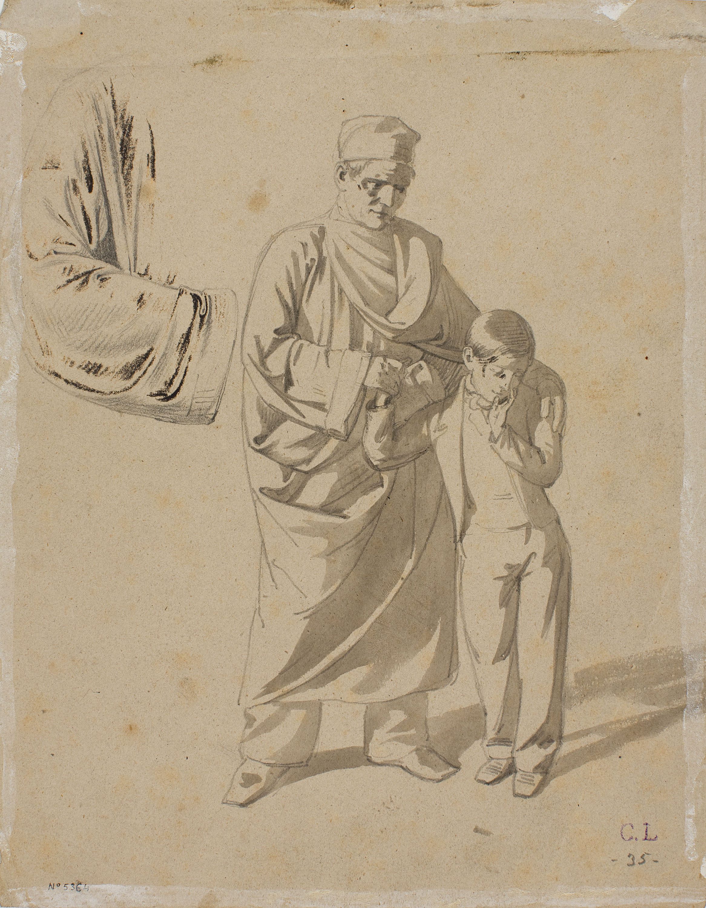 image for: Claudi Lorenzale - Estudi de dona dempeus, amb el cap entre els braços enlairats per al quadre d&#039;episodi històric de la família Centelles (anvers) / Home vell amb nen i estudi de màniga (revers) - Cap a 1850-1855 [1]