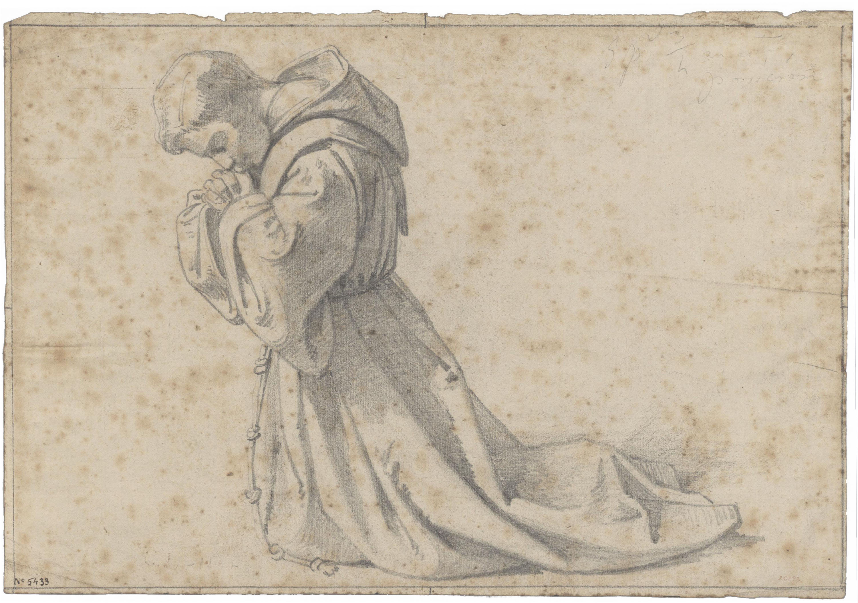 image for: Claudi Lorenzale - Estudi de frare franciscà agenollat per al quadre «Mort del rei Pere III a Vilafranca» - Cap a 1870